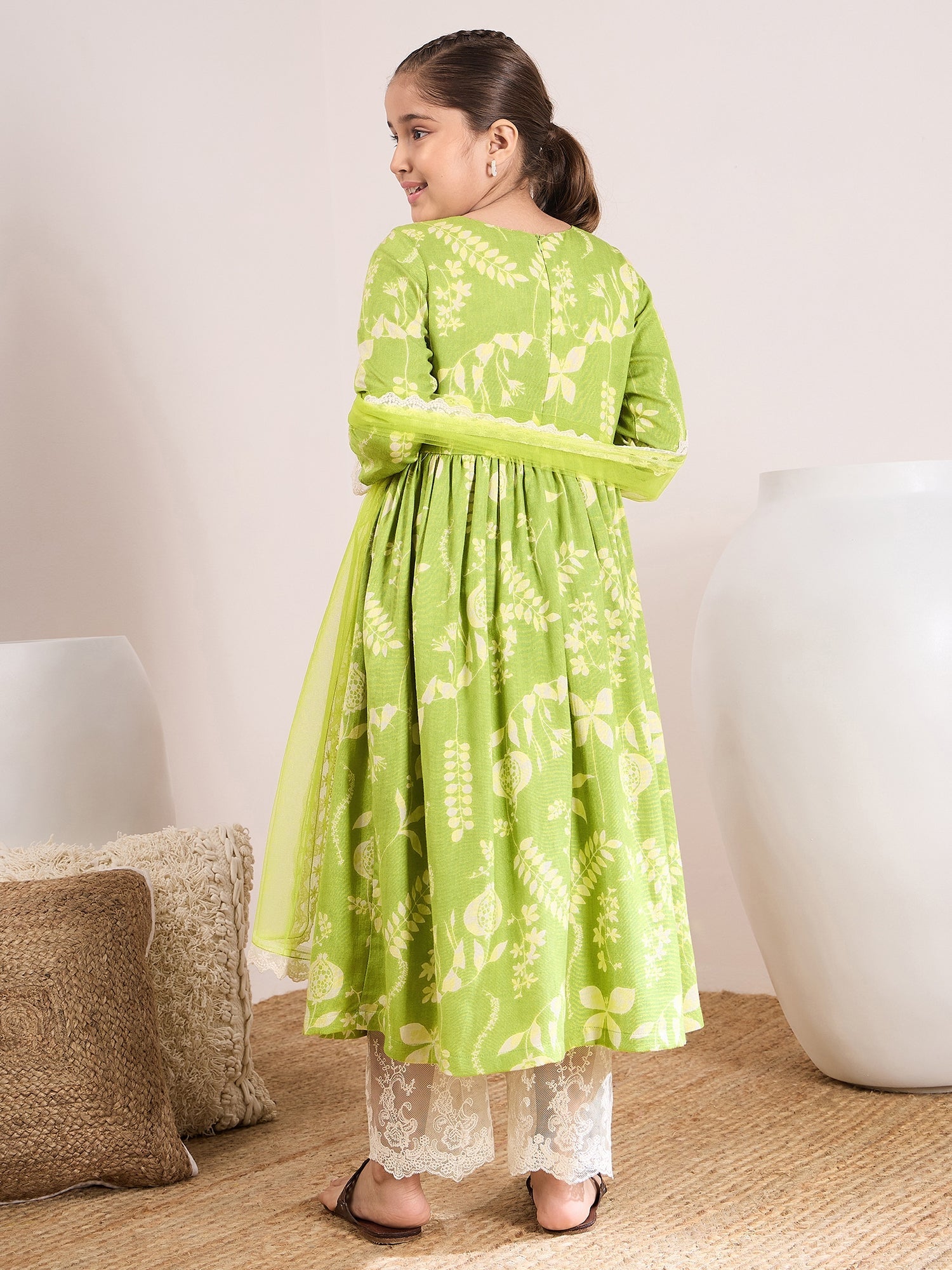Girls Floral Printed Empire Kurta With Trousers & With Dupatta - PS Peaches