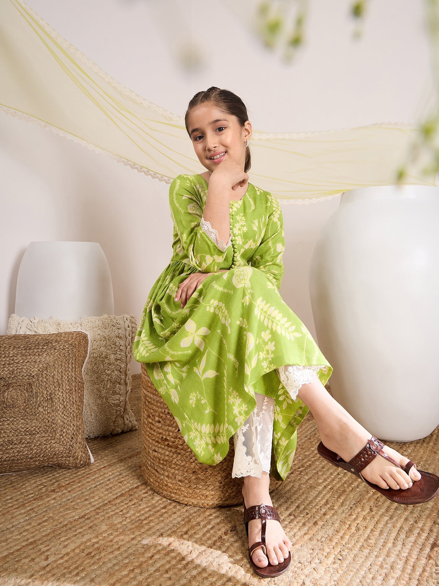 Girls Floral Printed Empire Kurta With Trousers & With Dupatta - PS Peaches