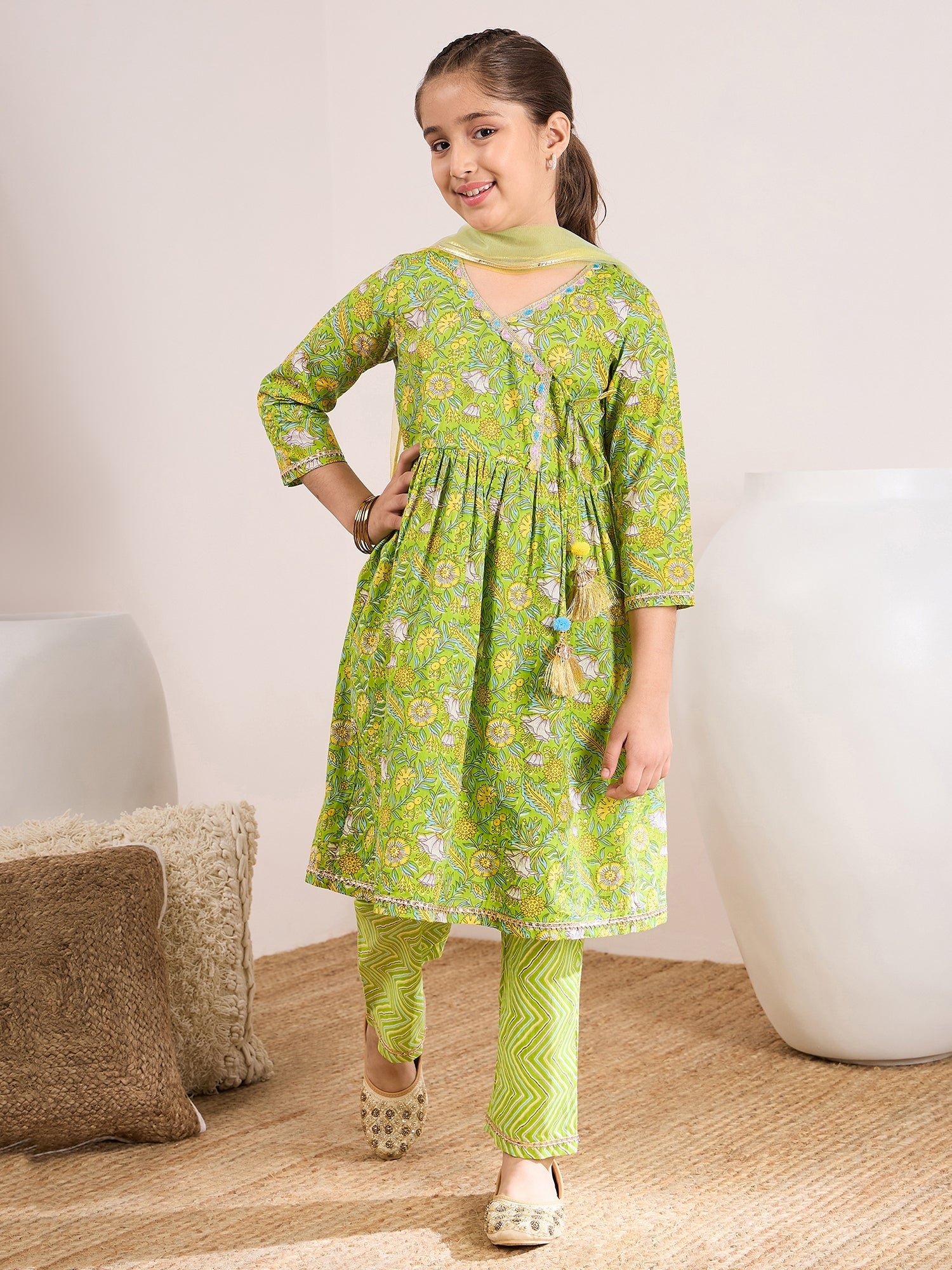 Girls Ethnic Motifs Printed Pleated Pure Cotton Kurta With Trousers & With Dupatta - PS Peaches
