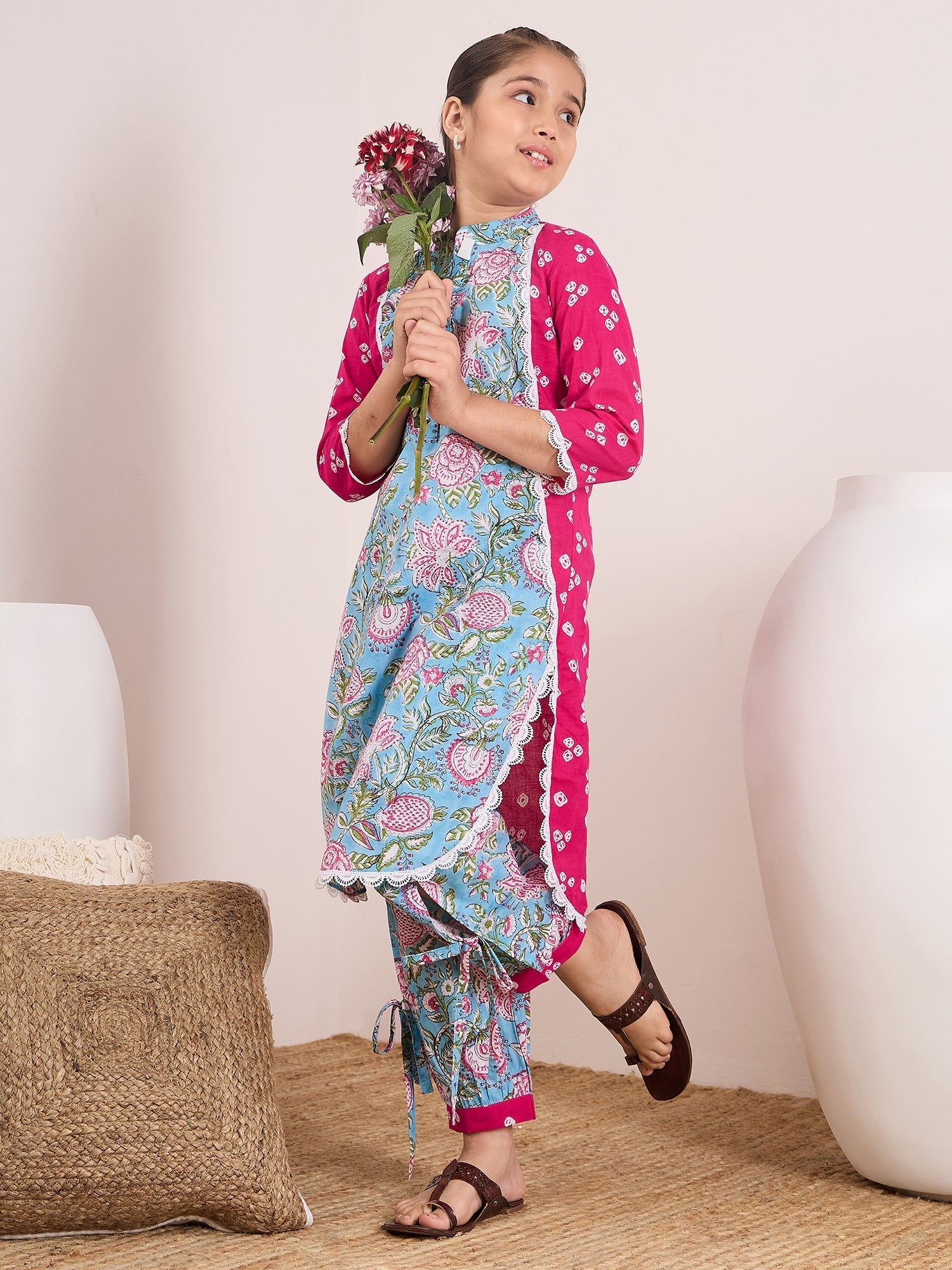 Girls Ethnic Motifs Printed Regular Pure Cotton Kurta With Palazzos