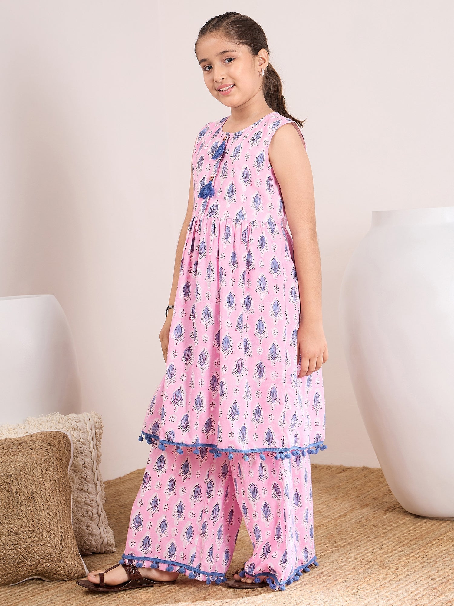 Girls Ethnic Motifs Printed Pleated Pure Cotton Kurta With Palazzos - PS Peaches