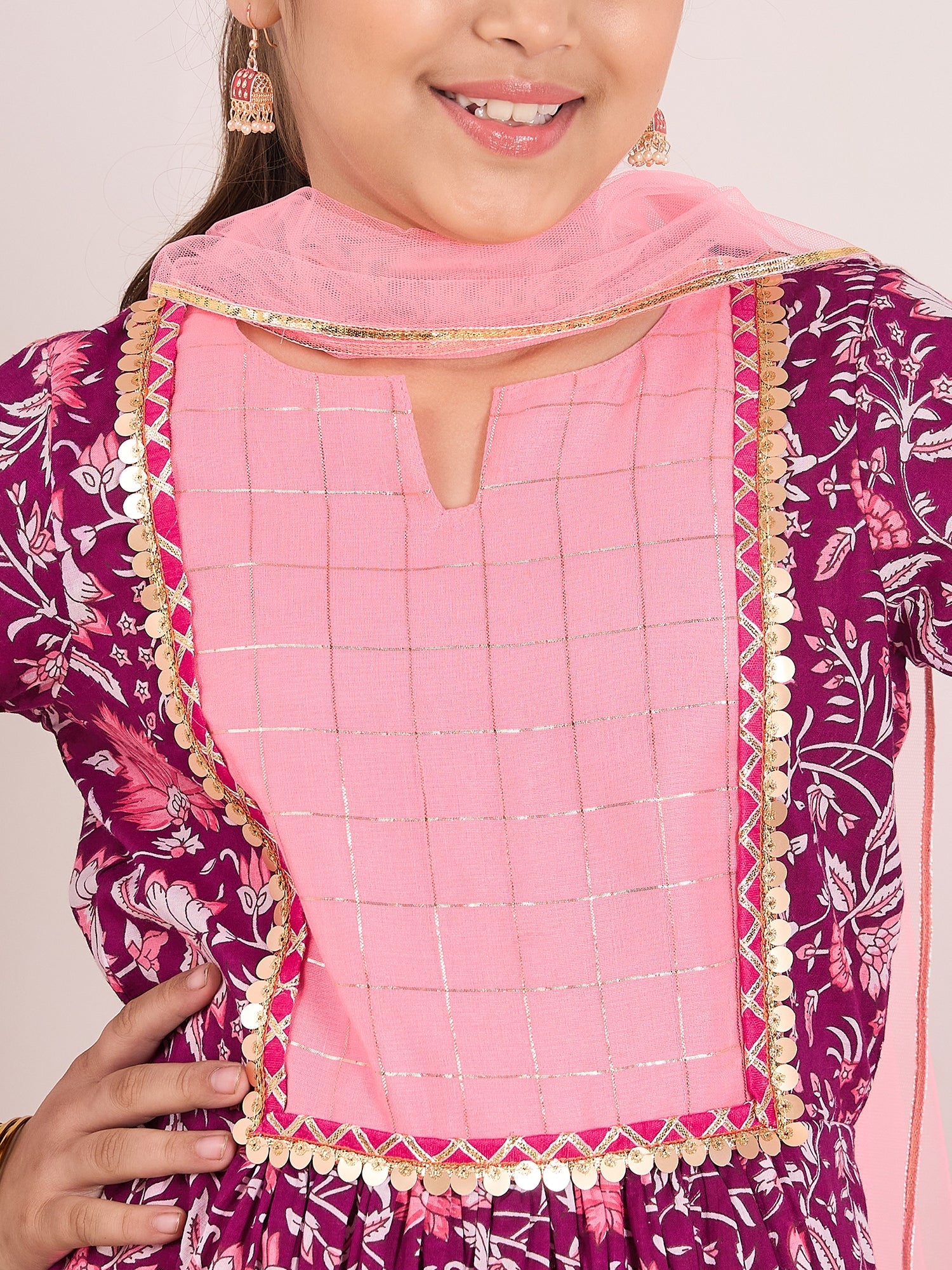 Girls Ethnic Motifs Printed Pleated Pure Cotton Kurta With Trousers & With Dupatta - PS Peaches