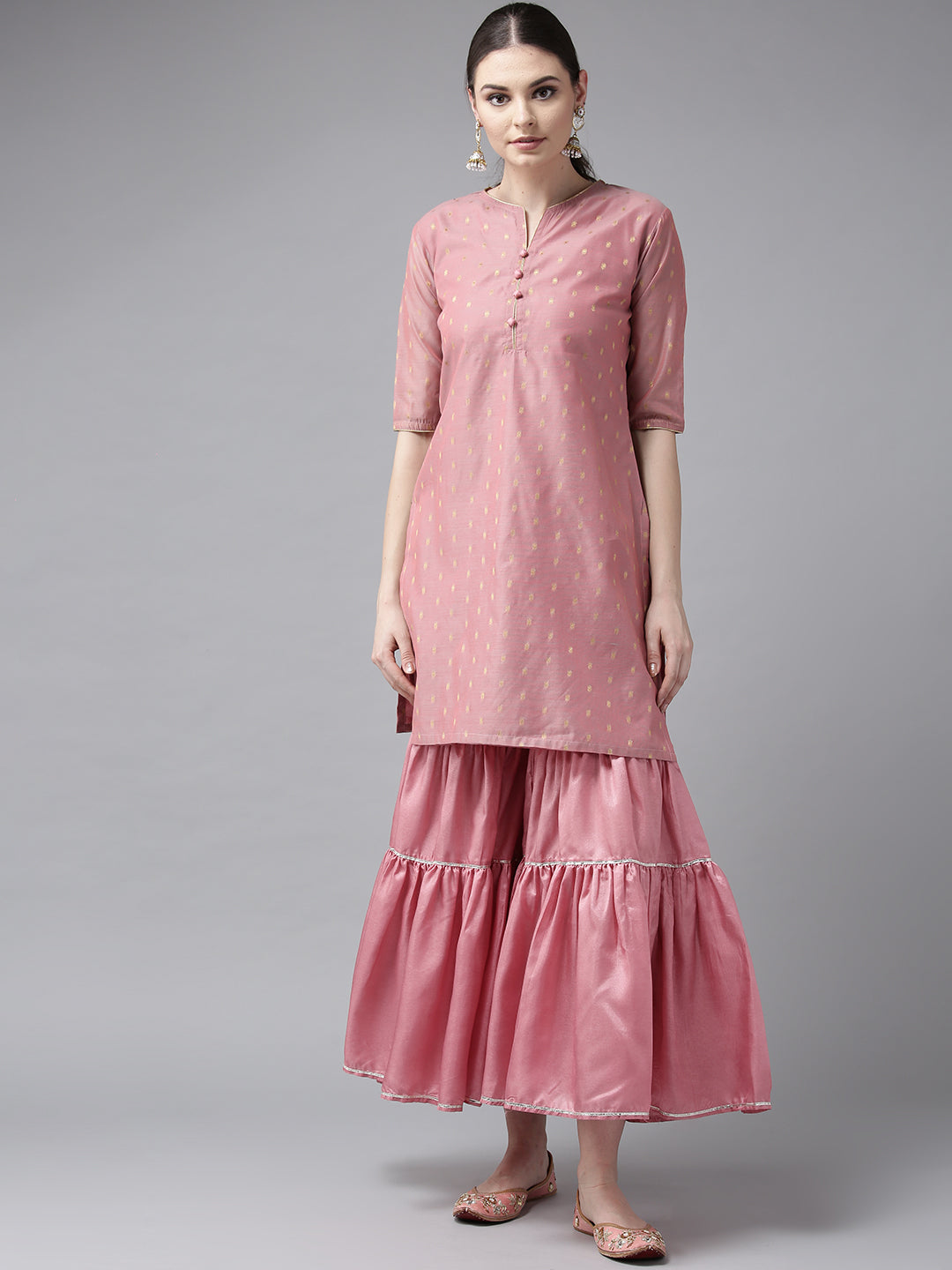 Women's Pink And Golden Self Design Kurta With Sharara - Bhama Couture