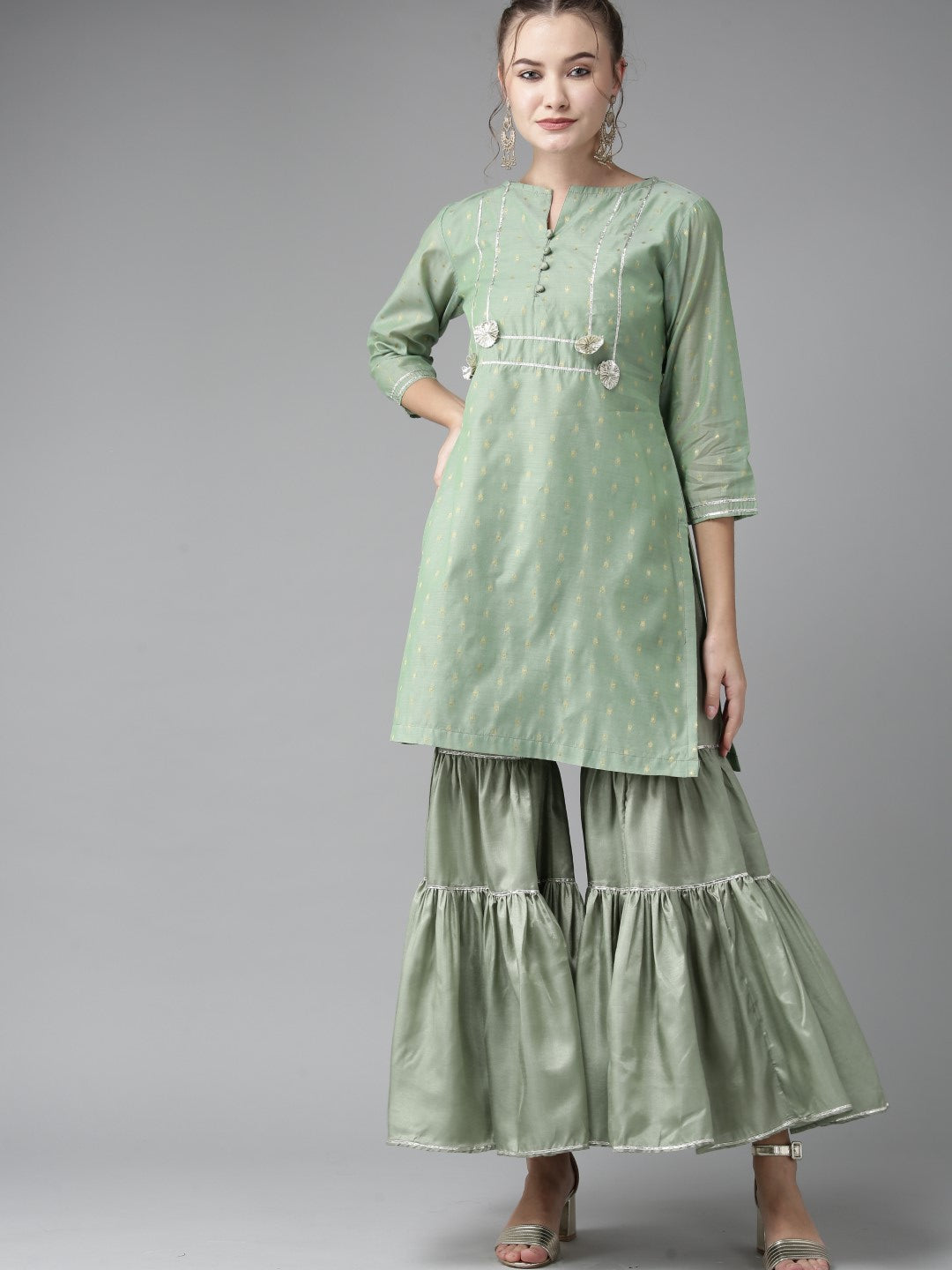 Women's Green And Golden Woven Design Kurta With Sharara - Bhama Couture