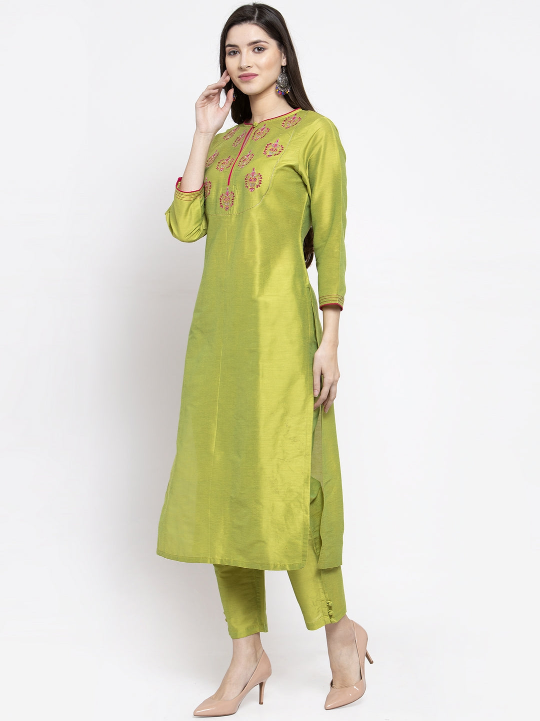 Women's Limeâ Green Solid Kurta With Trousers & Dupatta - Bhama Couture