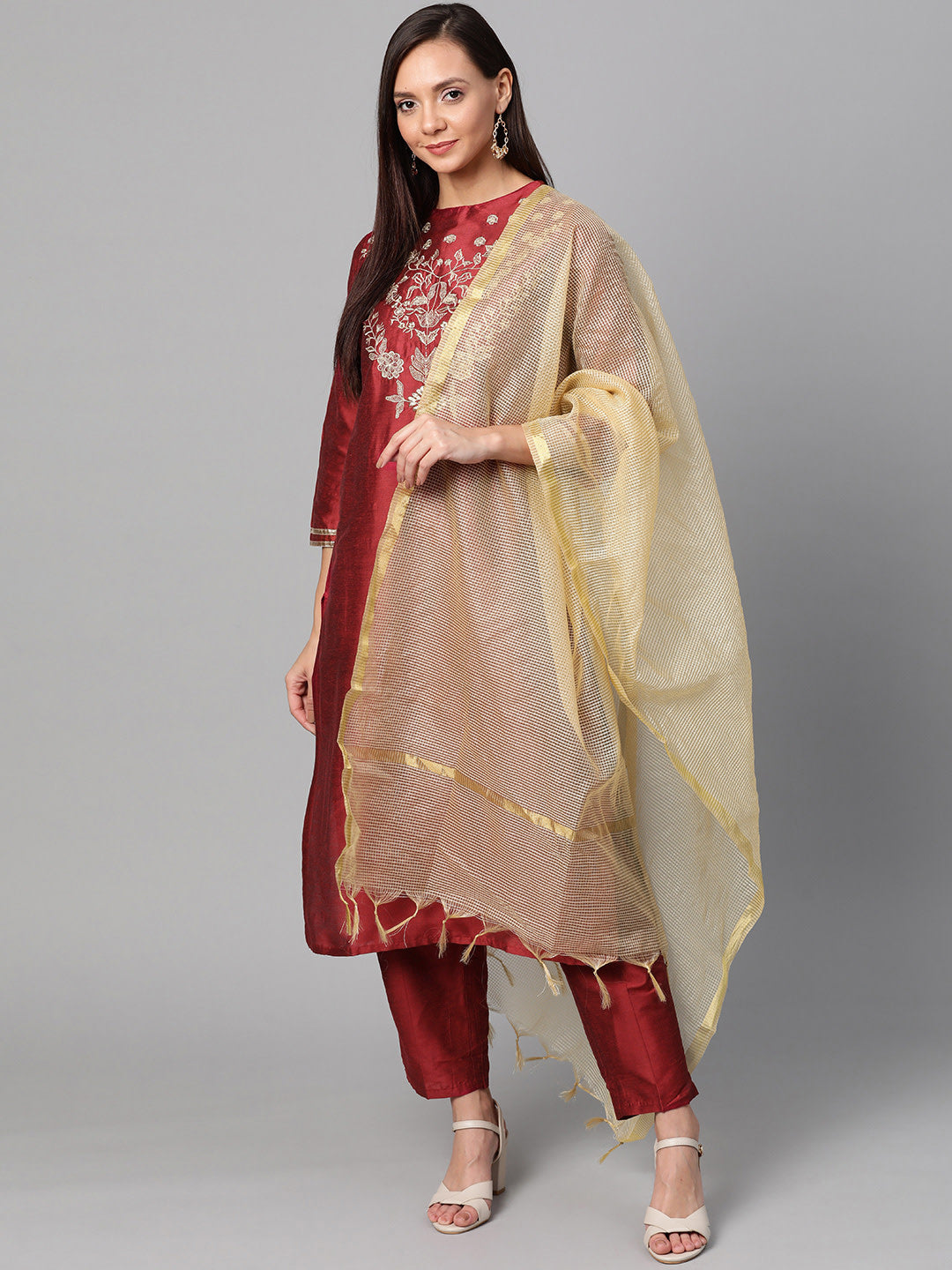 Women's Maroon And Golden Yoke Design Kurta With Trousers - Bhama Couture