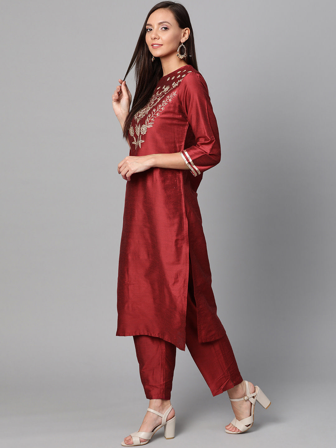 Women's Maroon And Golden Yoke Design Kurta With Trousers - Bhama Couture