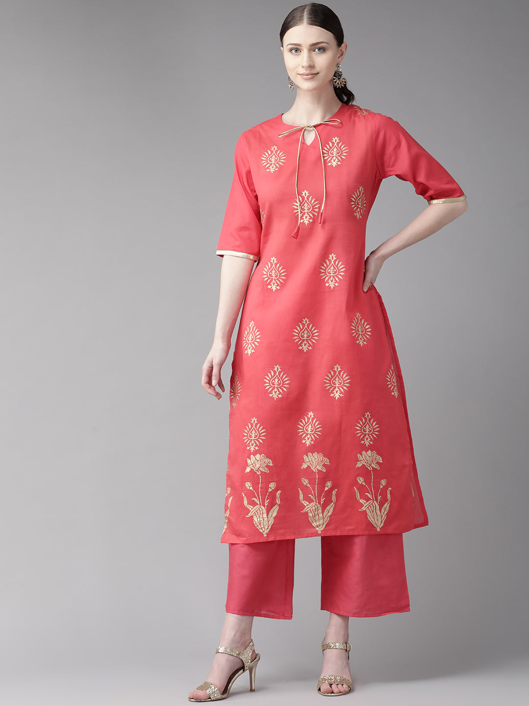 Women's Pink And Golden Block Print Kurta With Palazzos - Bhama Couture