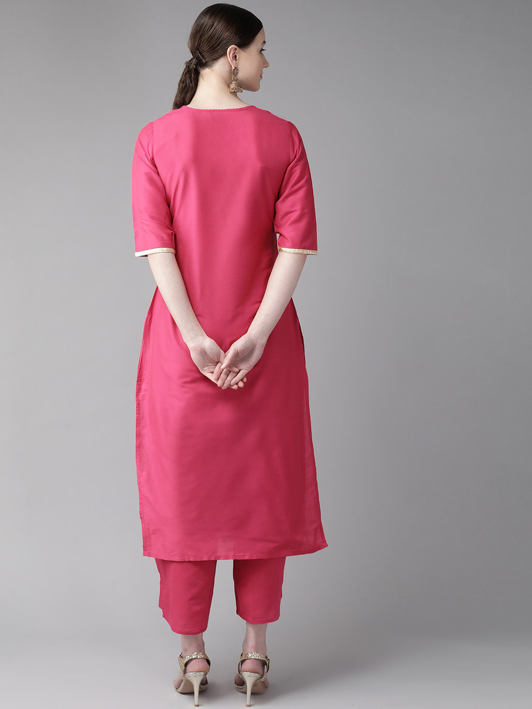 Women's Pink And Golden Block Print Kurta With Palazzos - Bhama Couture