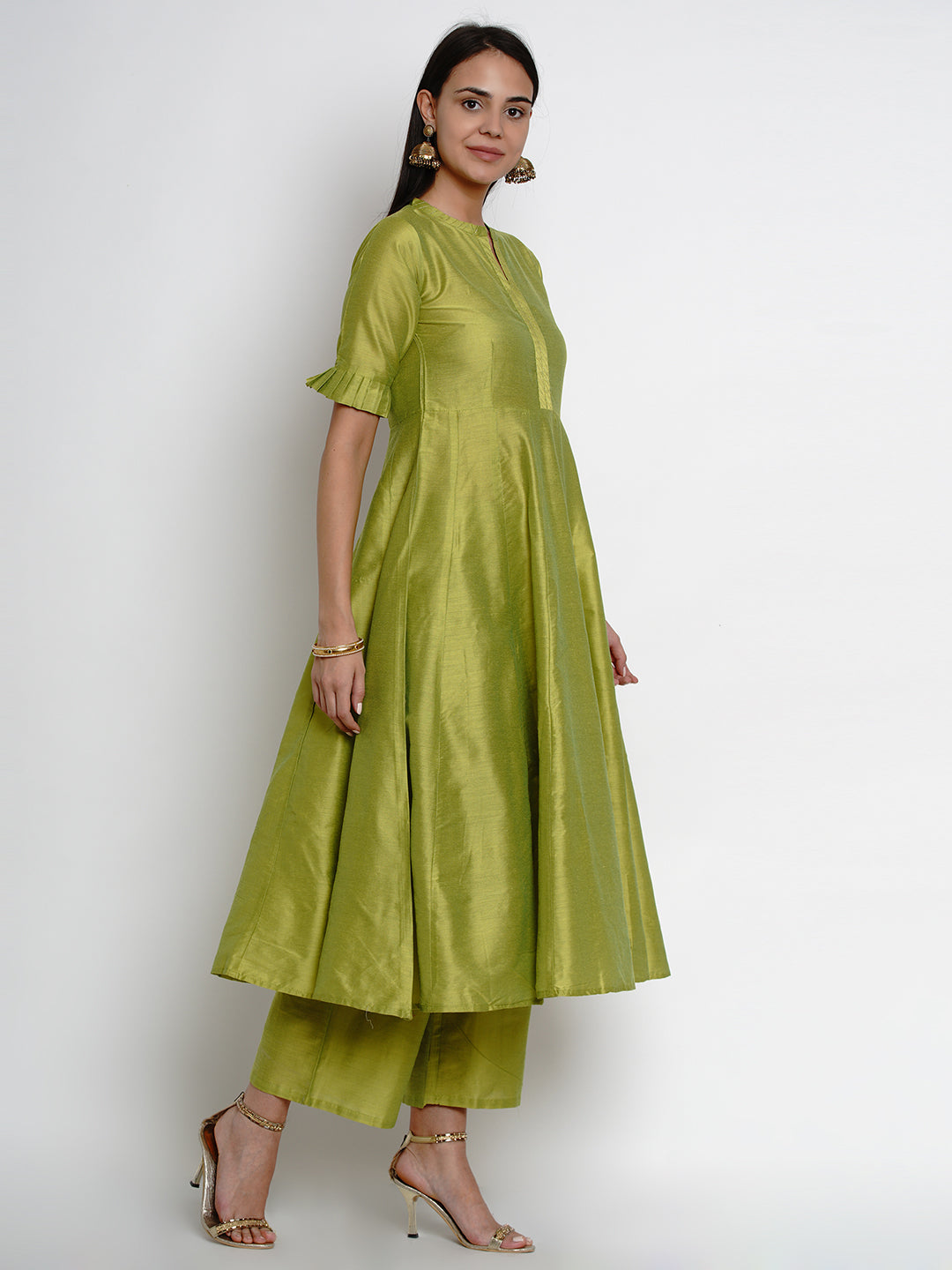 Women's Limeâ Green Solid Kurta With Trousers & Dupatta - Bhama Couture