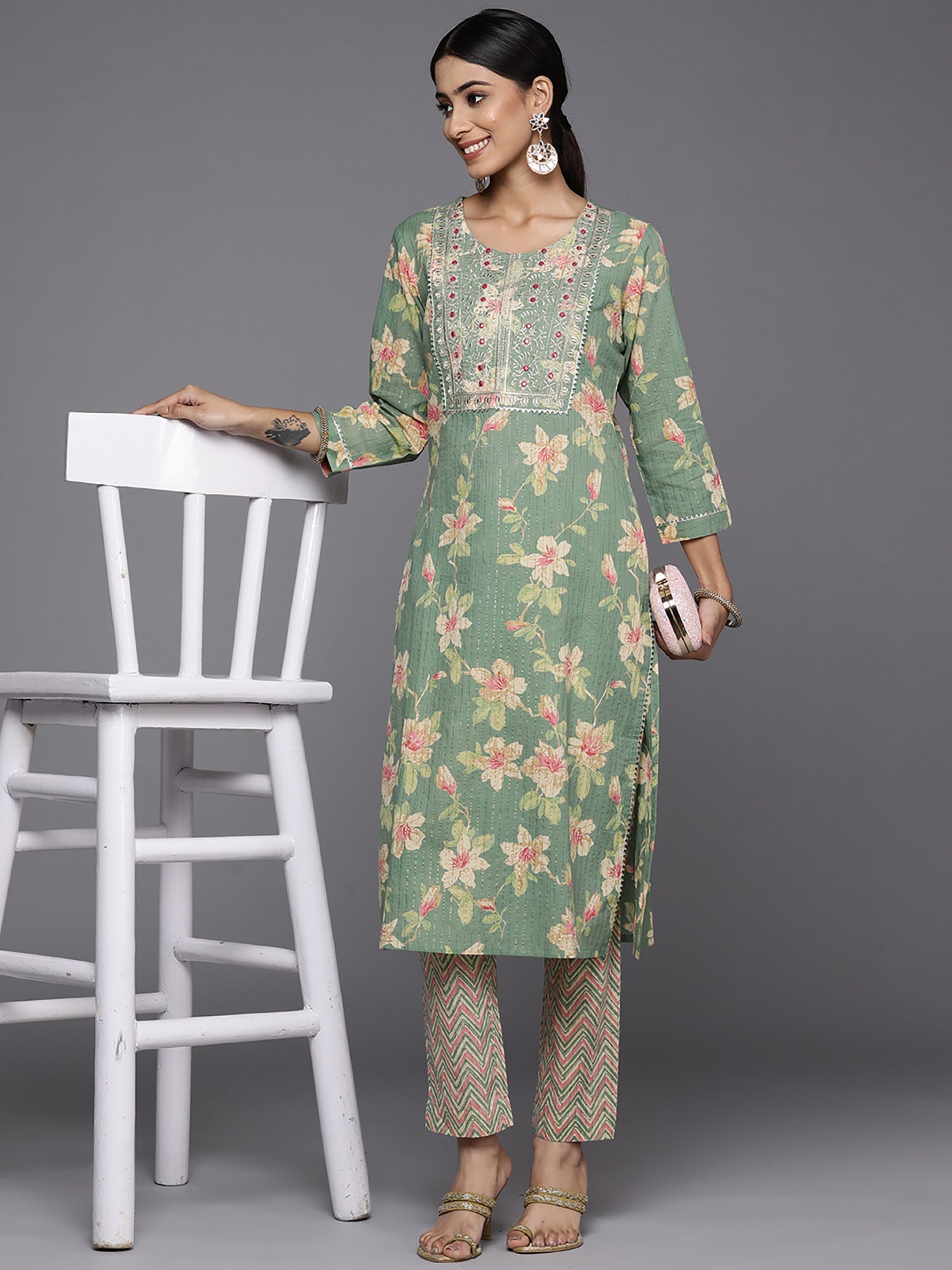 Women's Green Pure Cotton Kurta Set - Taantav