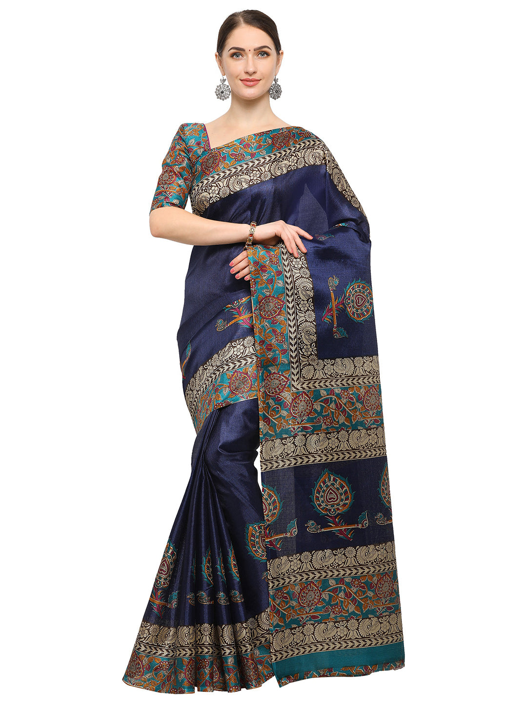 Women's Blue Silk Blend Printed Saree - Ahika