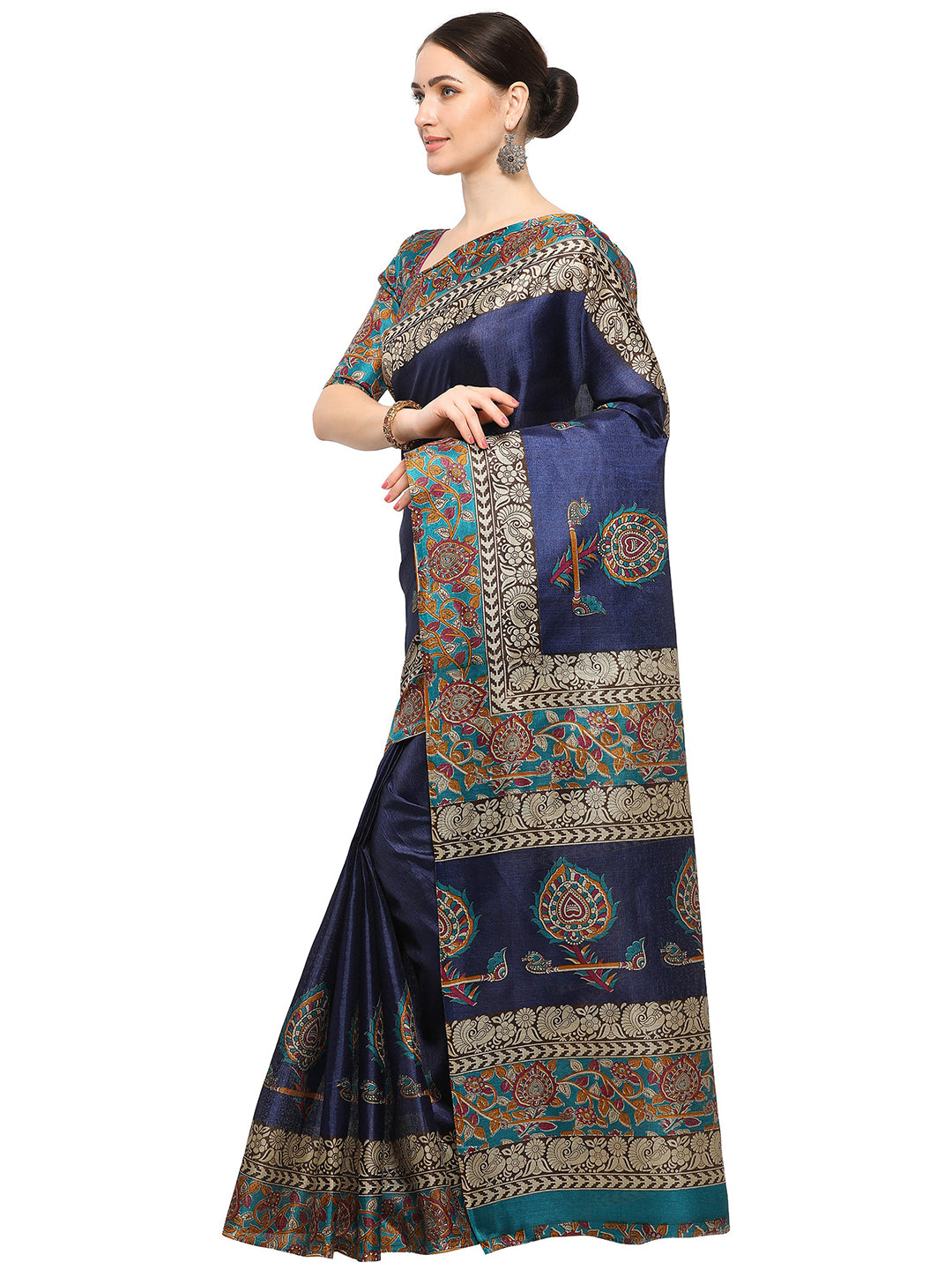 Women's Blue Silk Blend Printed Saree - Ahika