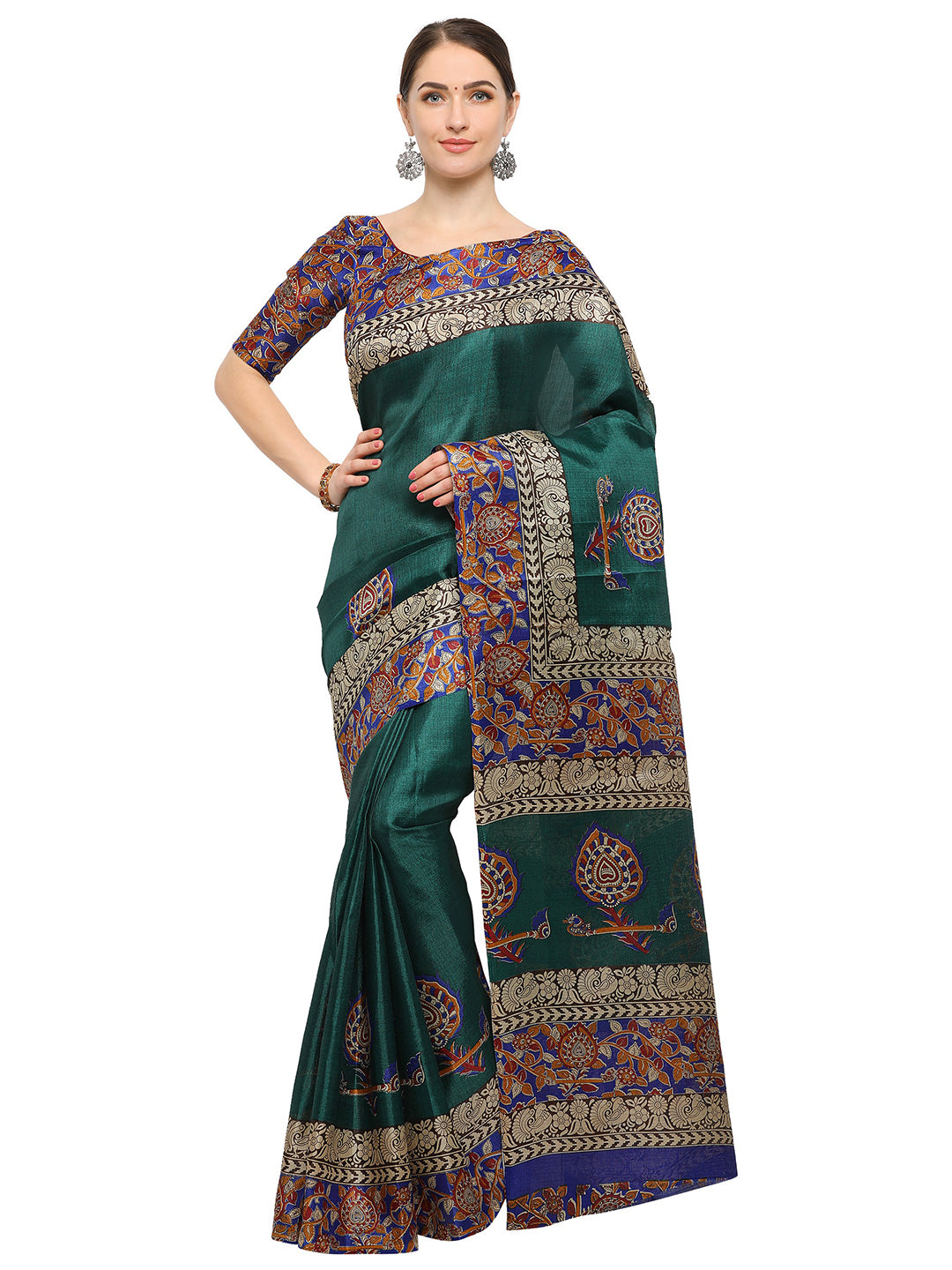 Women's Green Silk Blend Printed Saree - Ahika