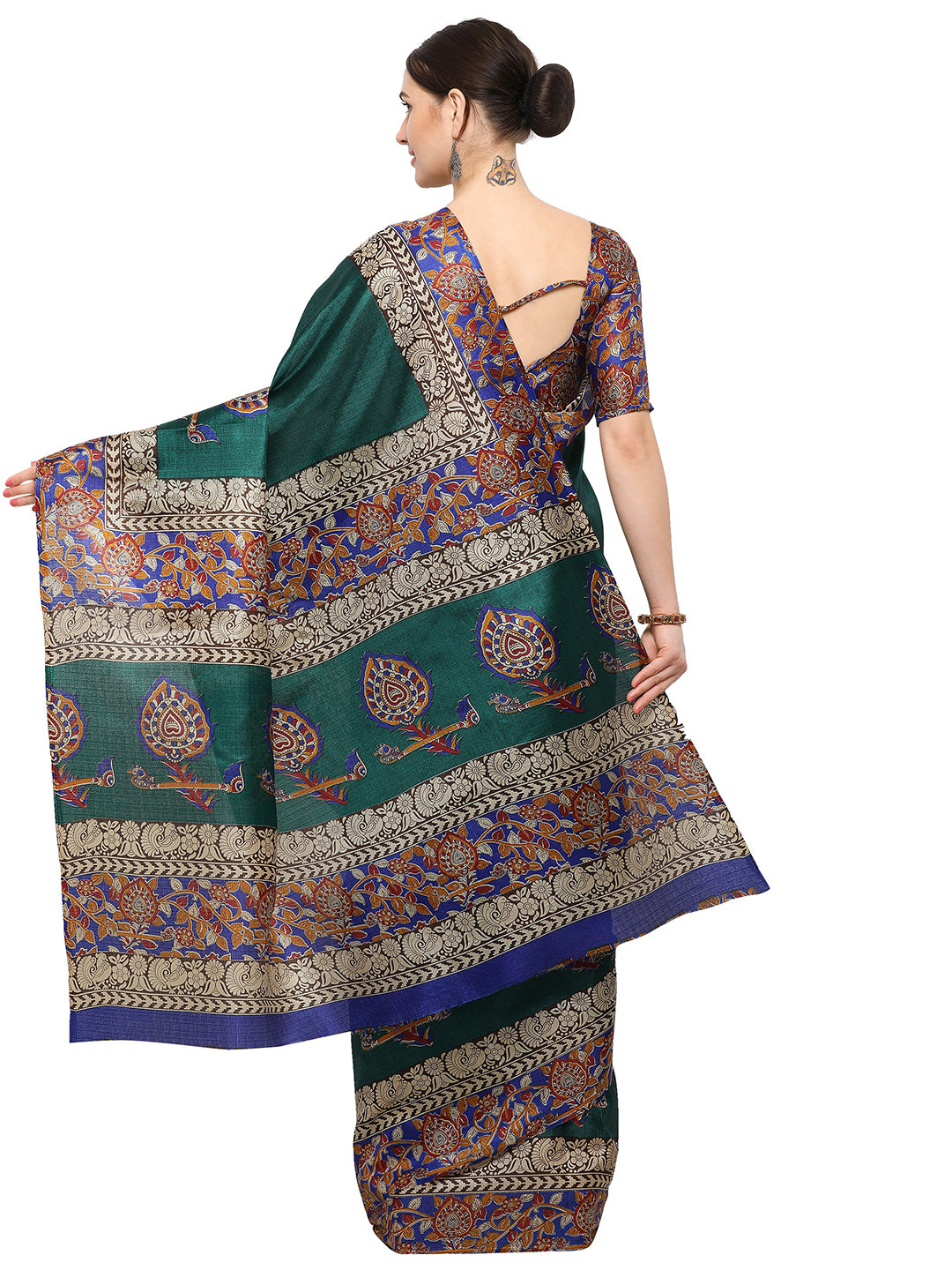 Women's Green Silk Blend Printed Saree - Ahika
