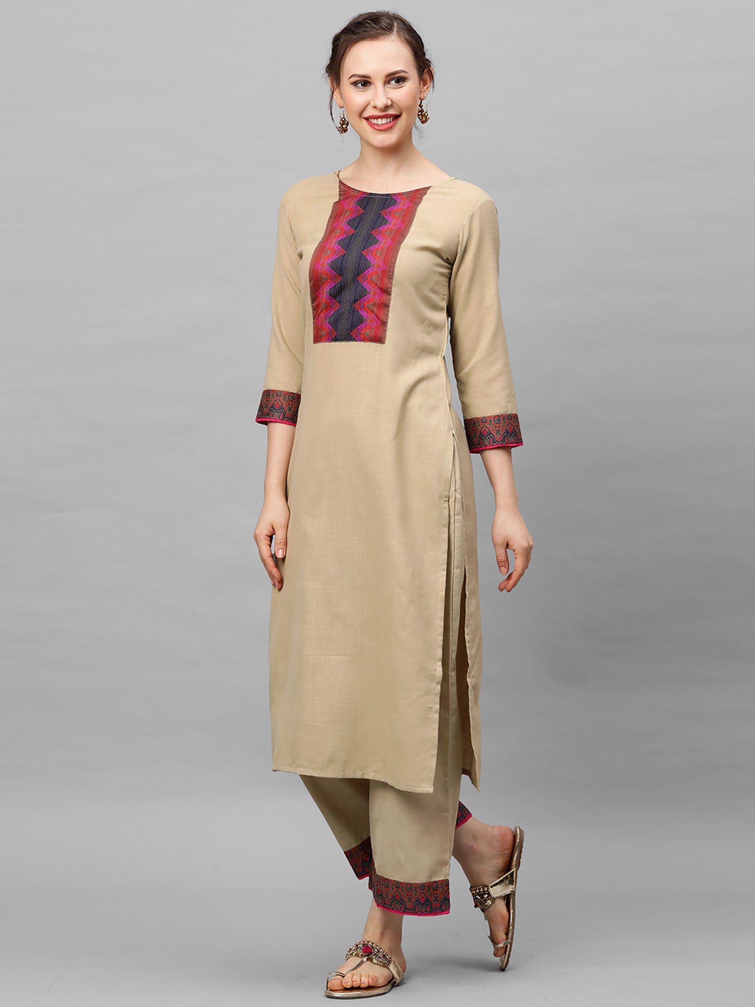 Women's Beige Pure Cotton Kurta Set - Taantav