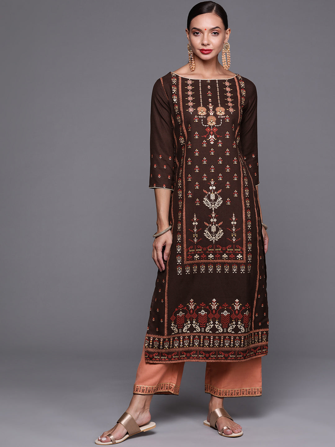 Women's Brown Cotton Blend Kurta Set - Taantav