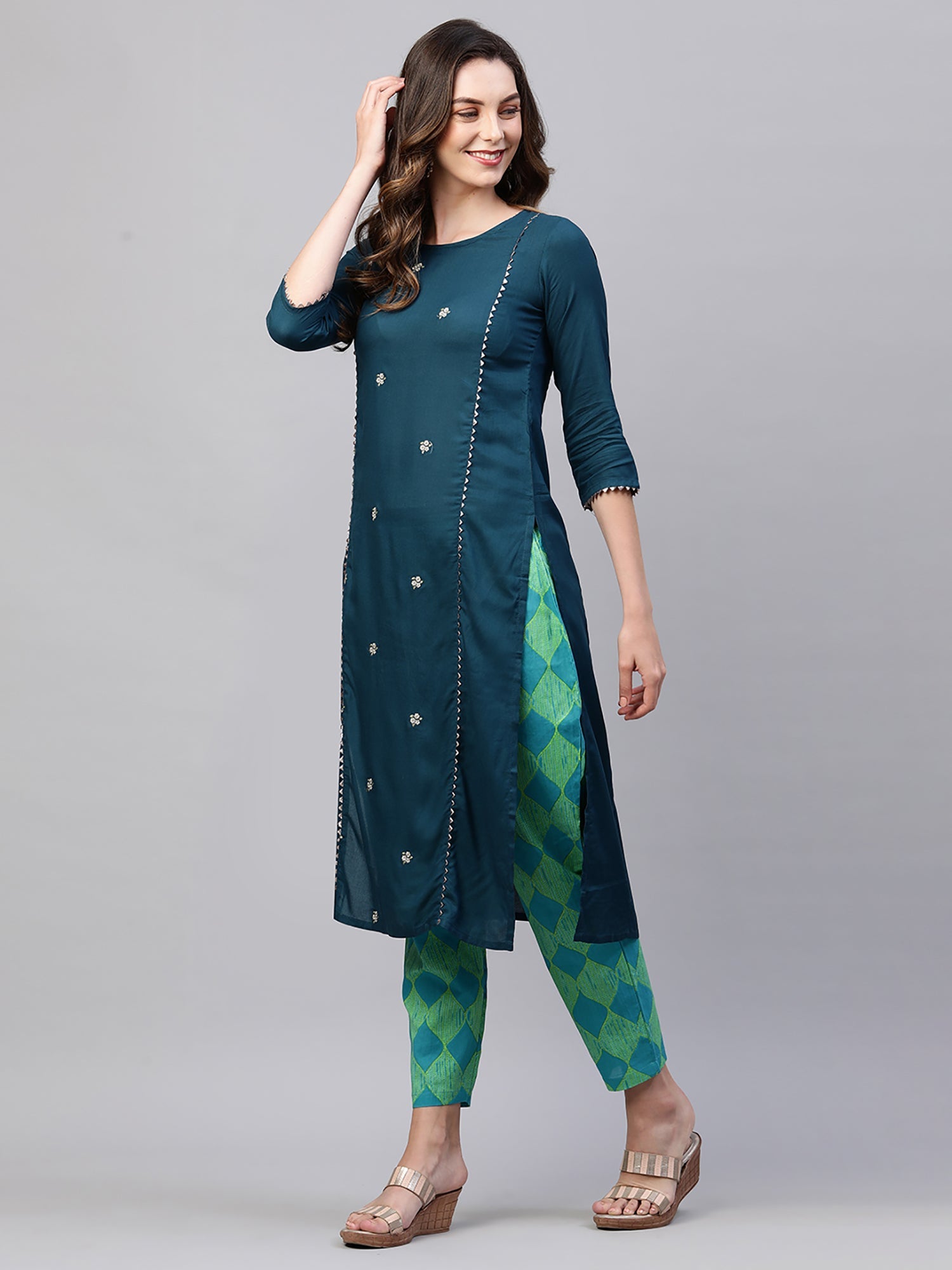 Women's Teal Viscose Rayon Kurta Set - Taantav