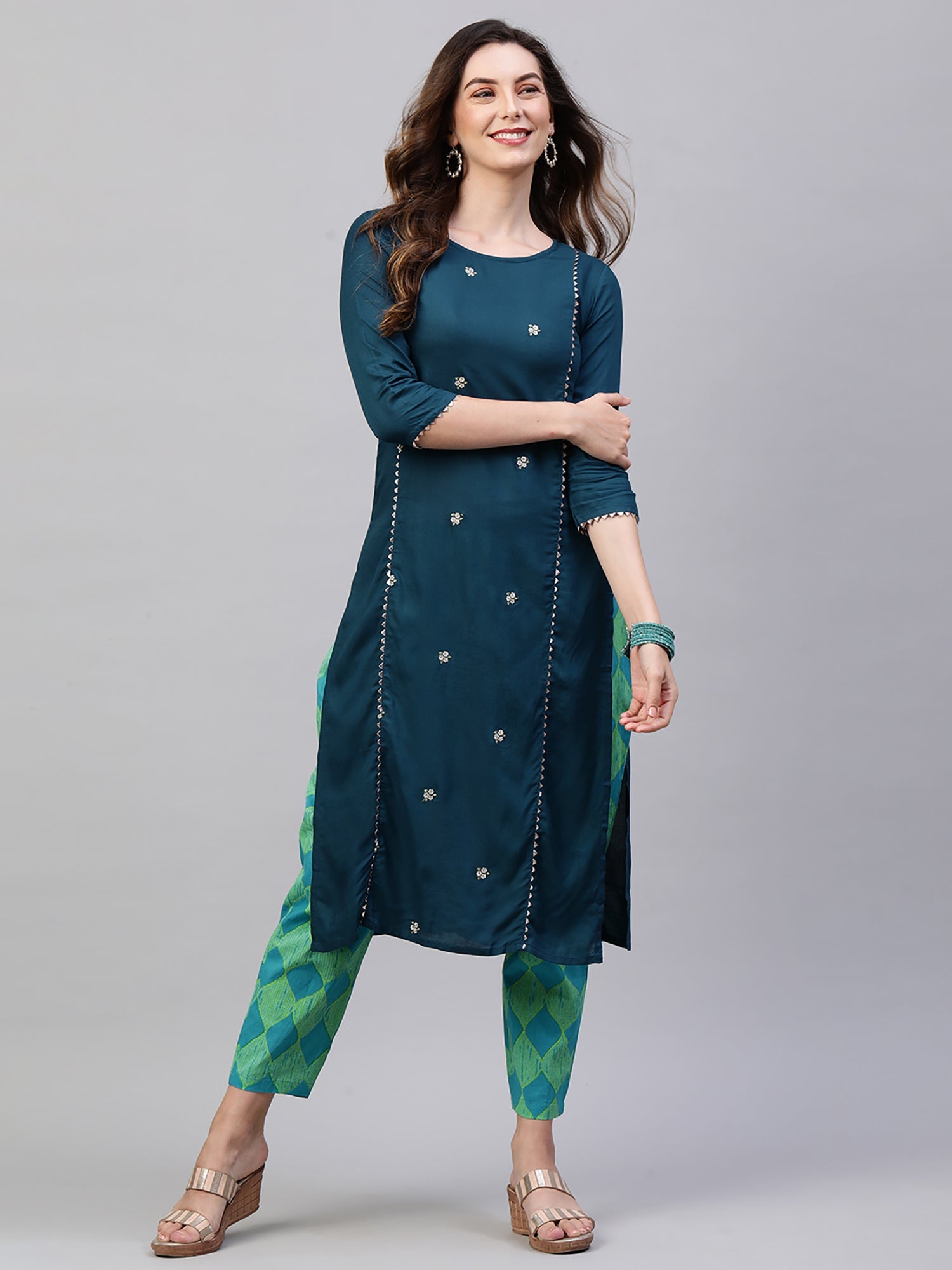 Women's Teal Viscose Rayon Kurta Set - Taantav