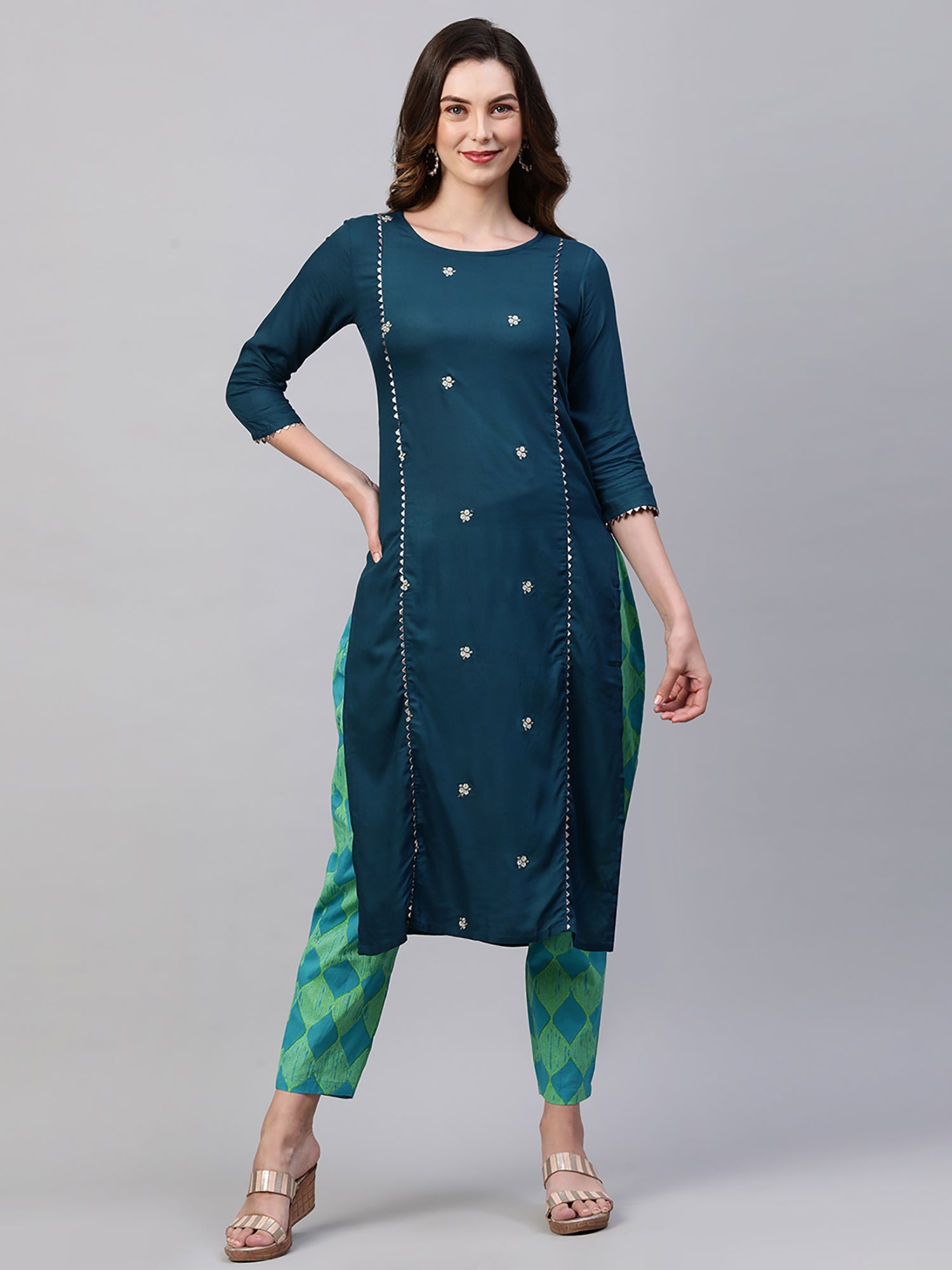 Women's Teal Viscose Rayon Kurta Set - Taantav