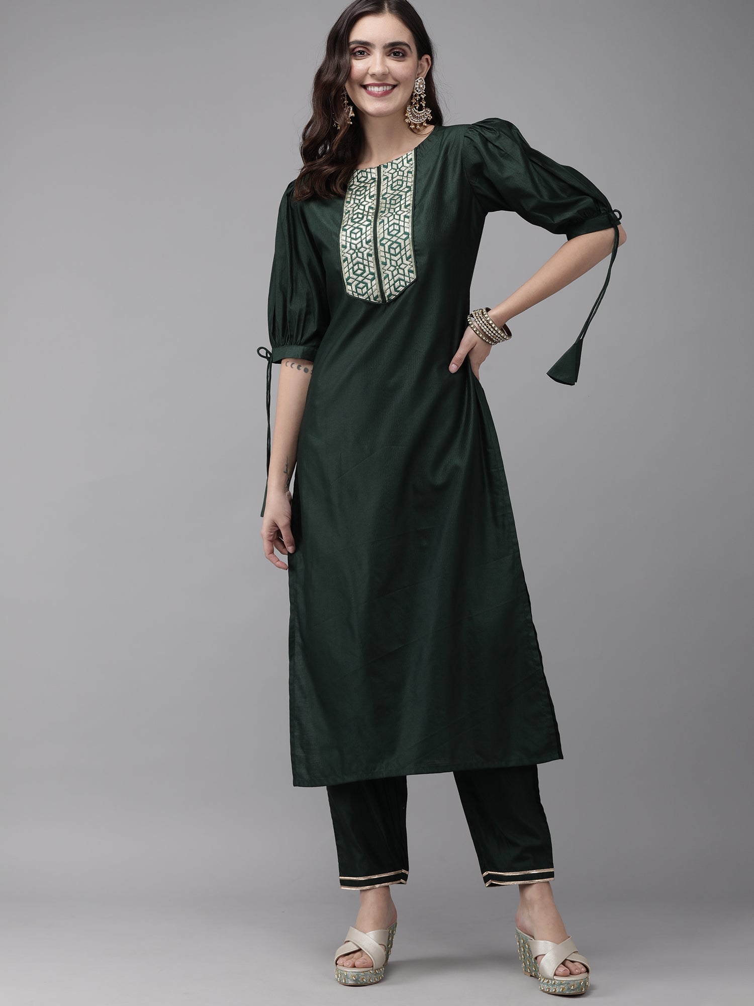 Women's Green Liva Kurta Set - Taantav