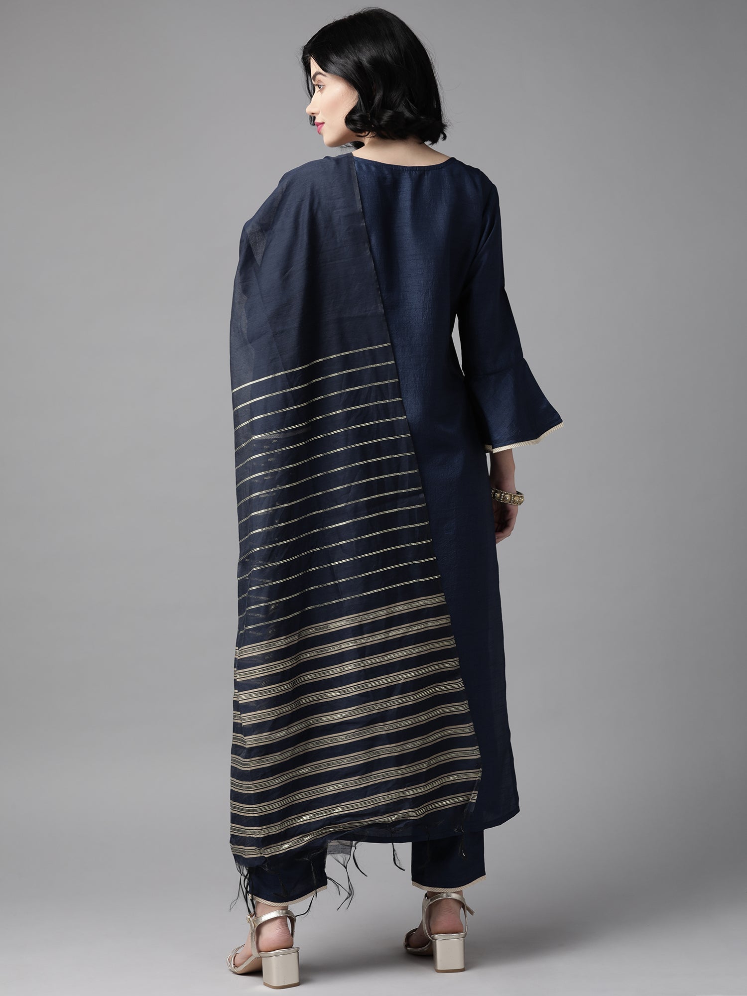 Women's Navy Blue Polyester Kurta Set - Taantav