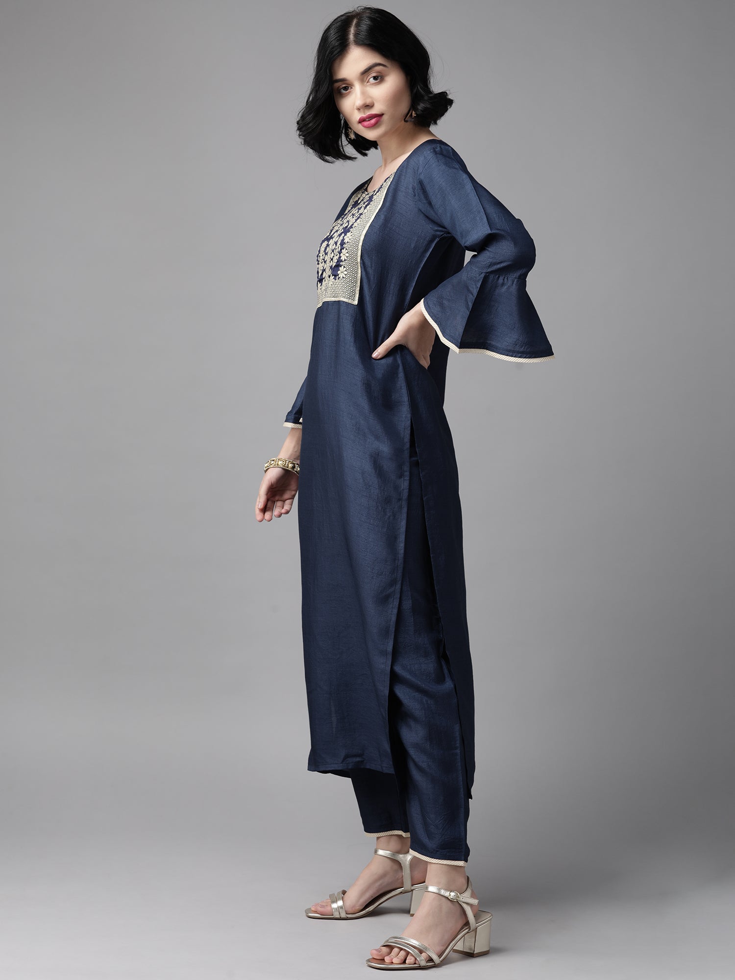 Women's Navy Blue Polyester Kurta Set - Taantav