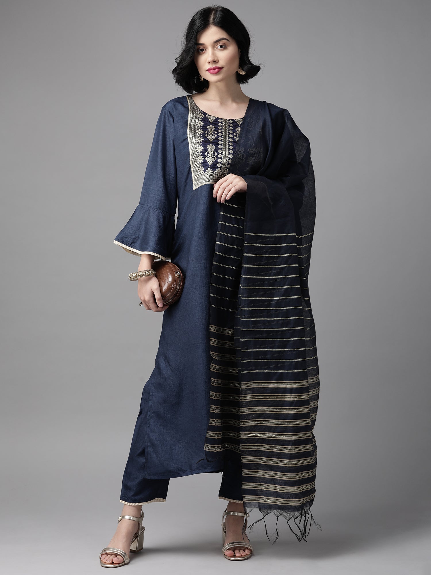 Women's Navy Blue Polyester Kurta Set - Taantav