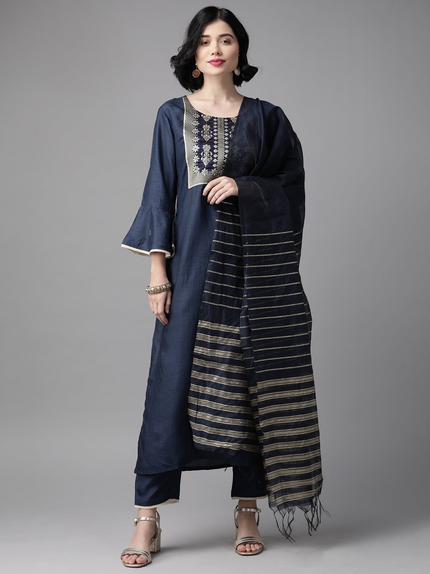 Women's Navy Blue Polyester Kurta Set - Taantav