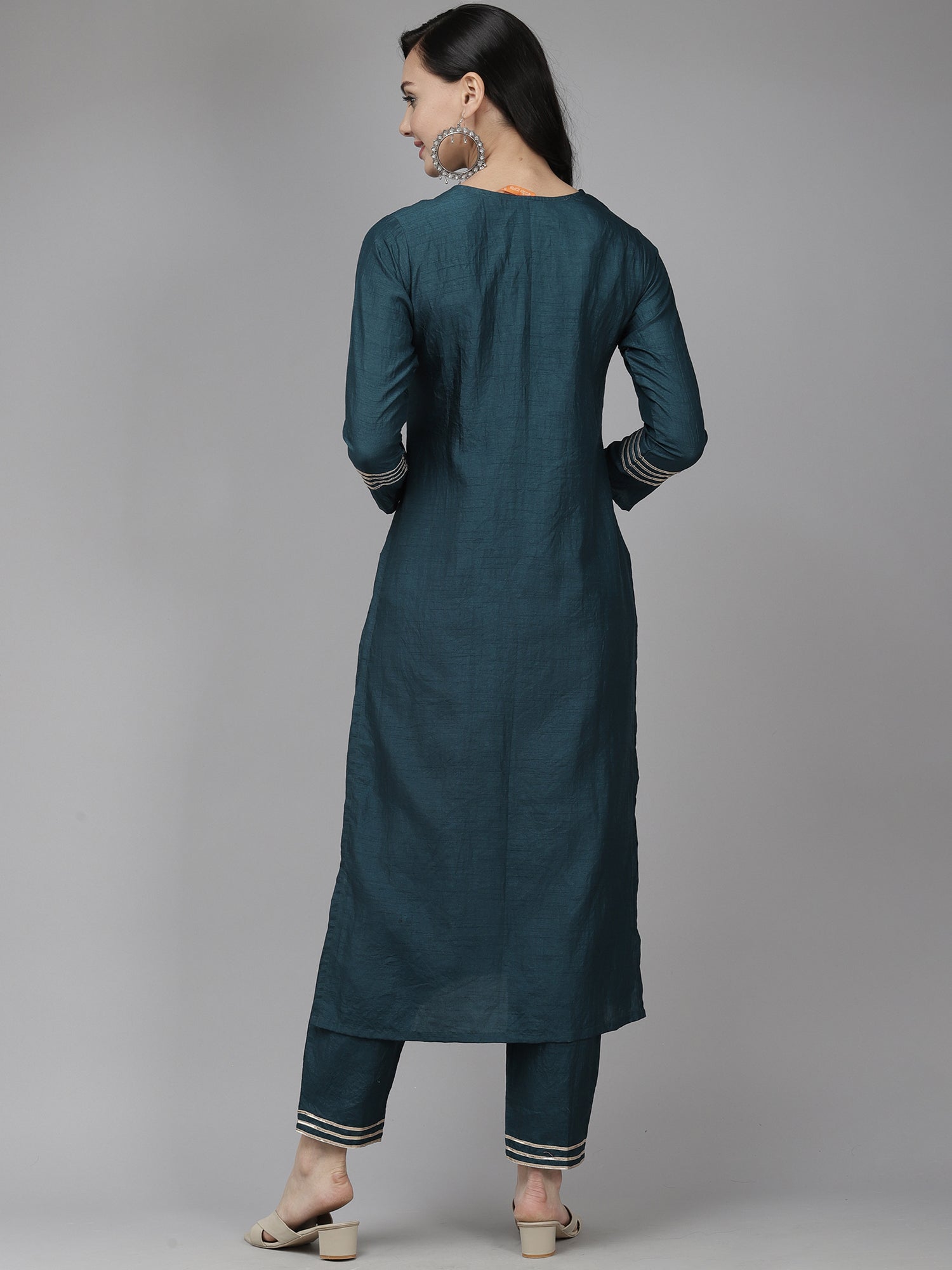 Women's Teal Polyester Kurta Set - Taantav