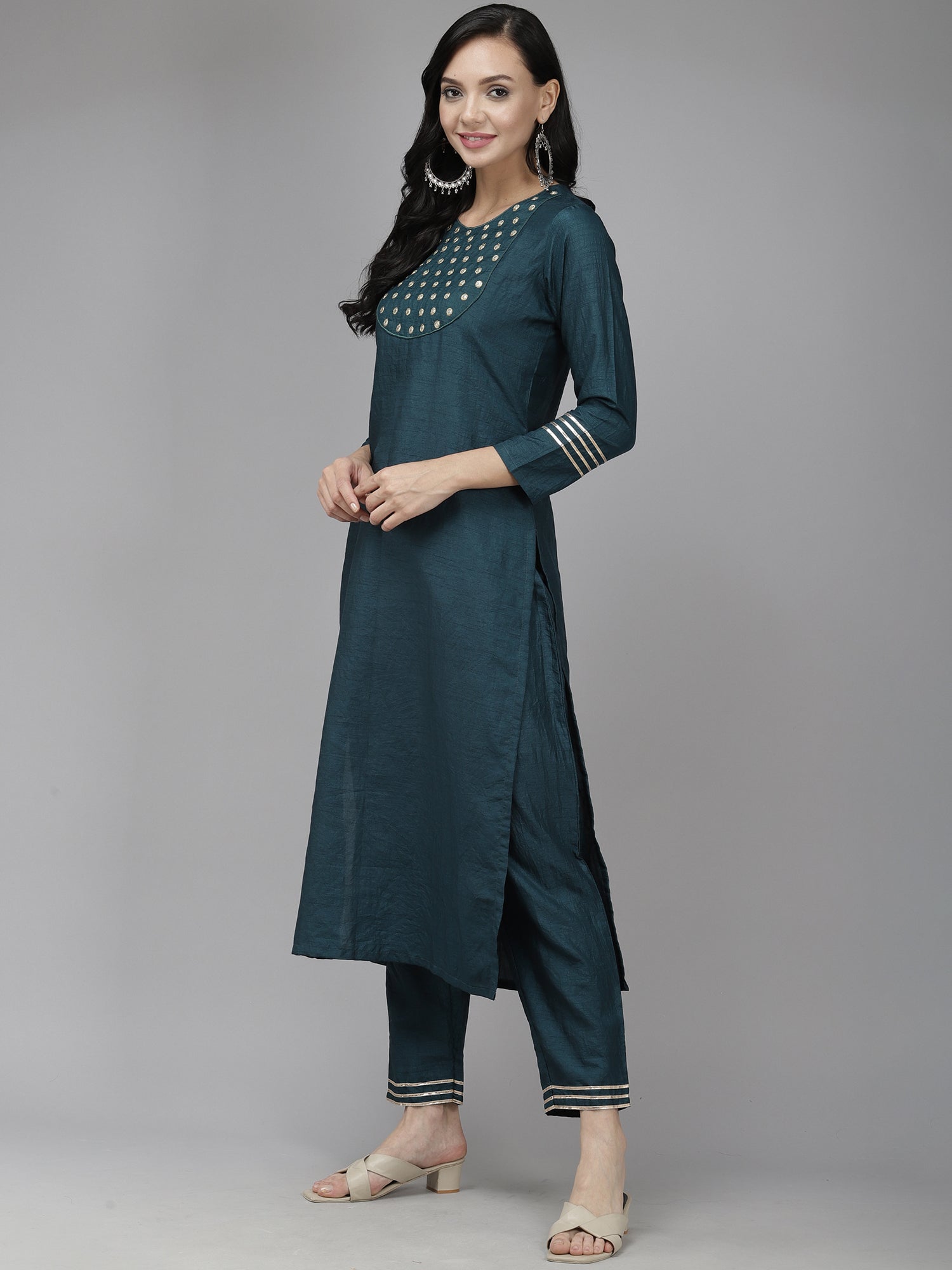 Women's Teal Polyester Kurta Set - Taantav