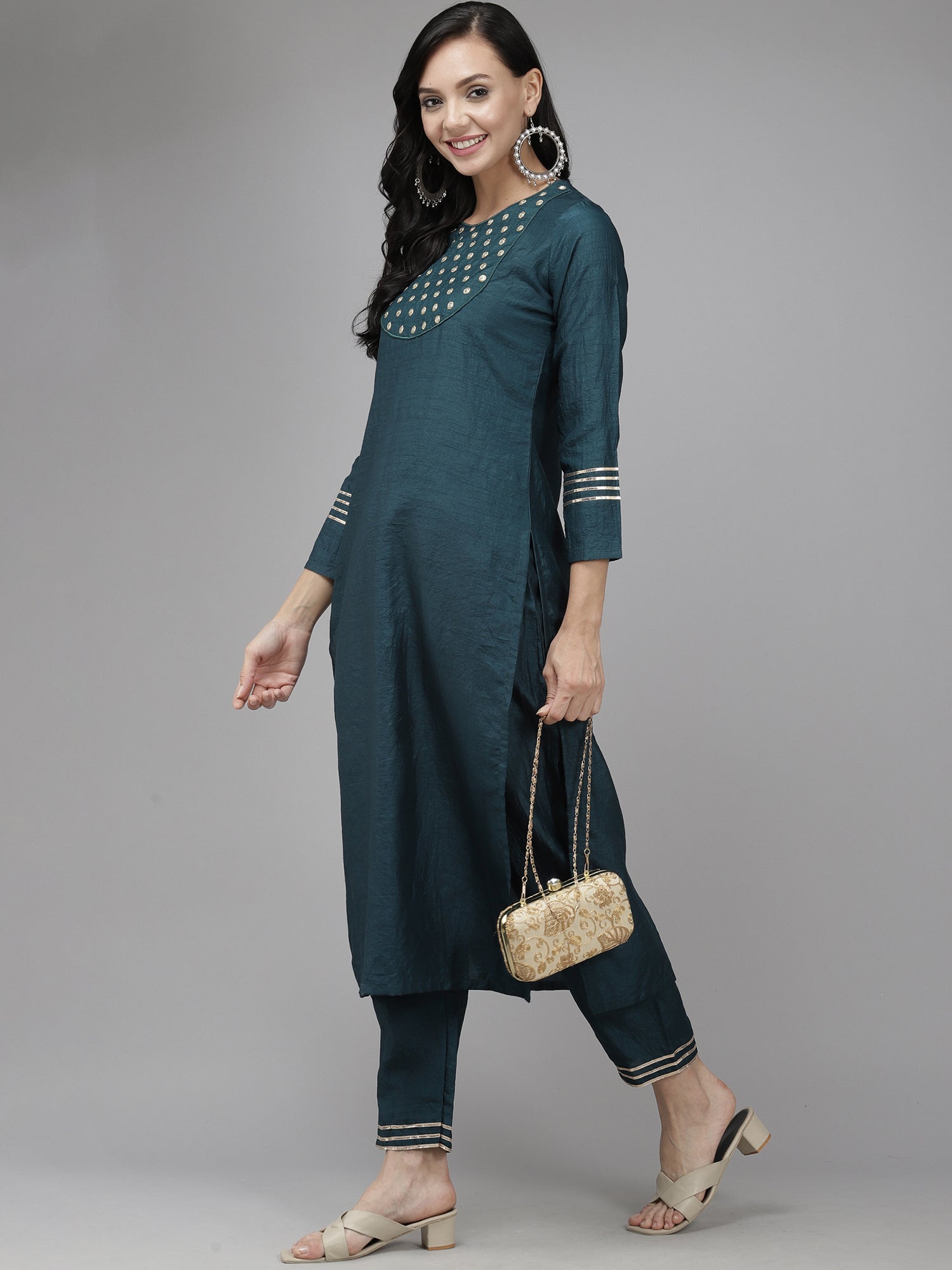 Women's Teal Polyester Kurta Set - Taantav