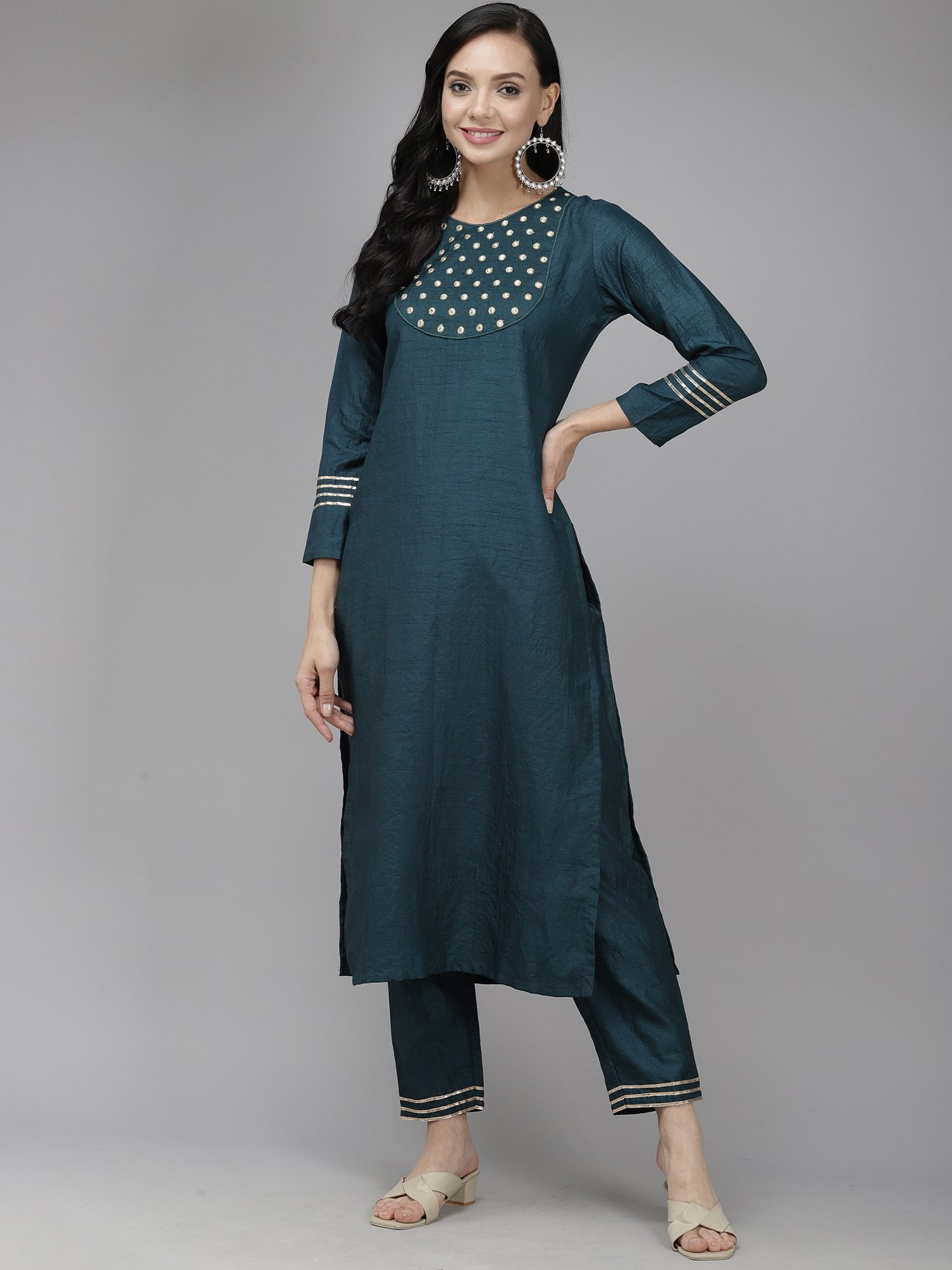 Women's Teal Polyester Kurta Set - Taantav