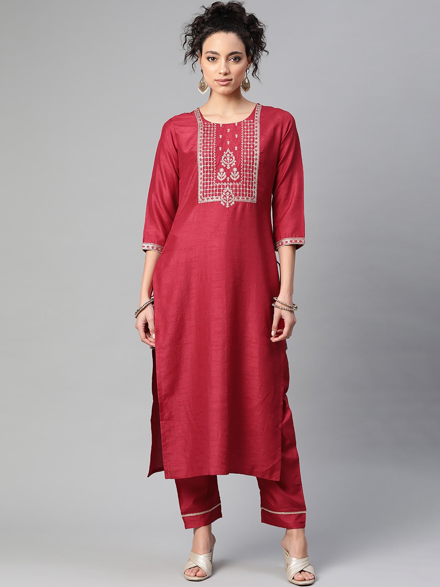 Women's Maroon Polyester Kurta Set - Taantav