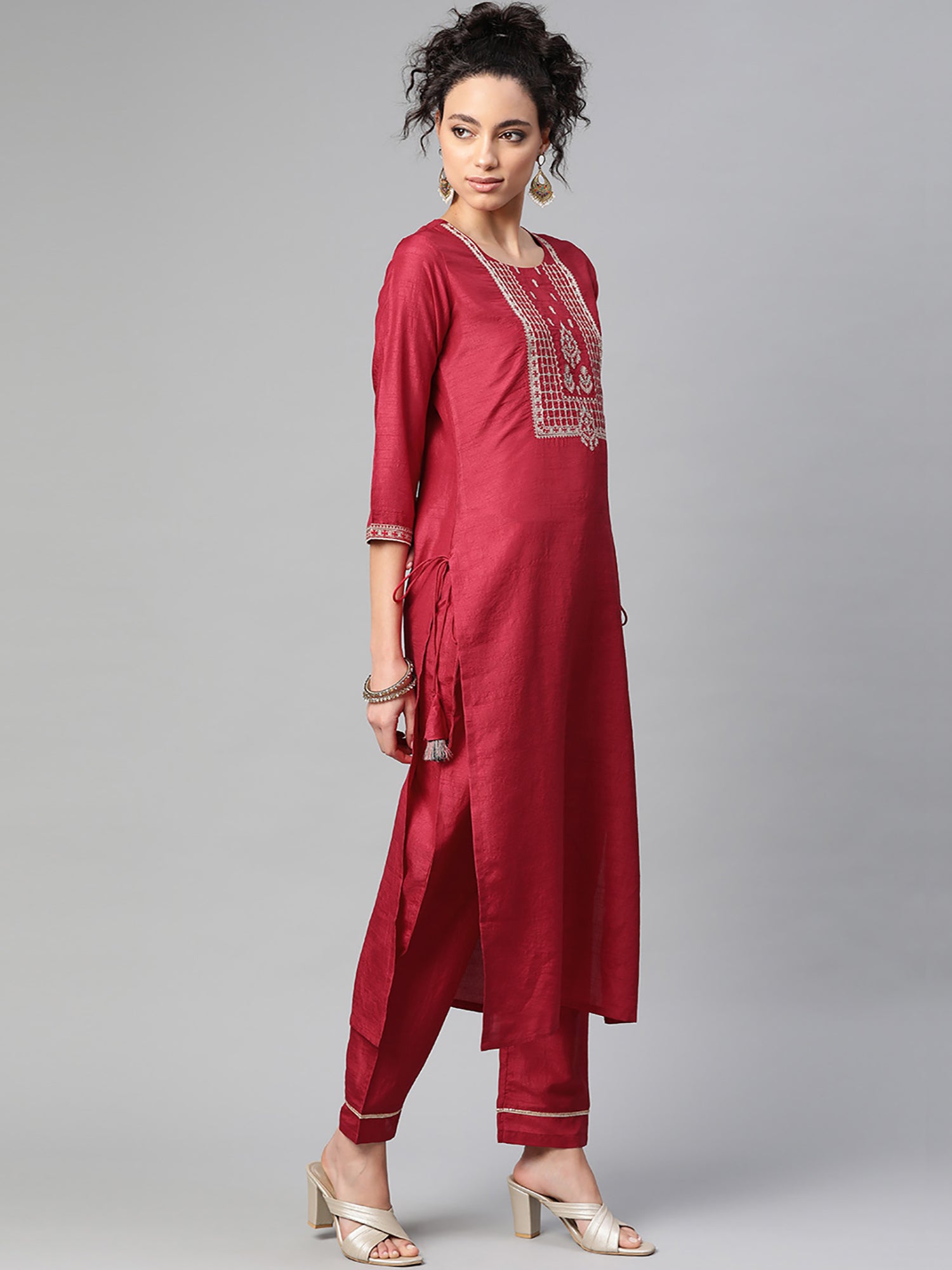 Women's Maroon Polyester Kurta Set - Taantav