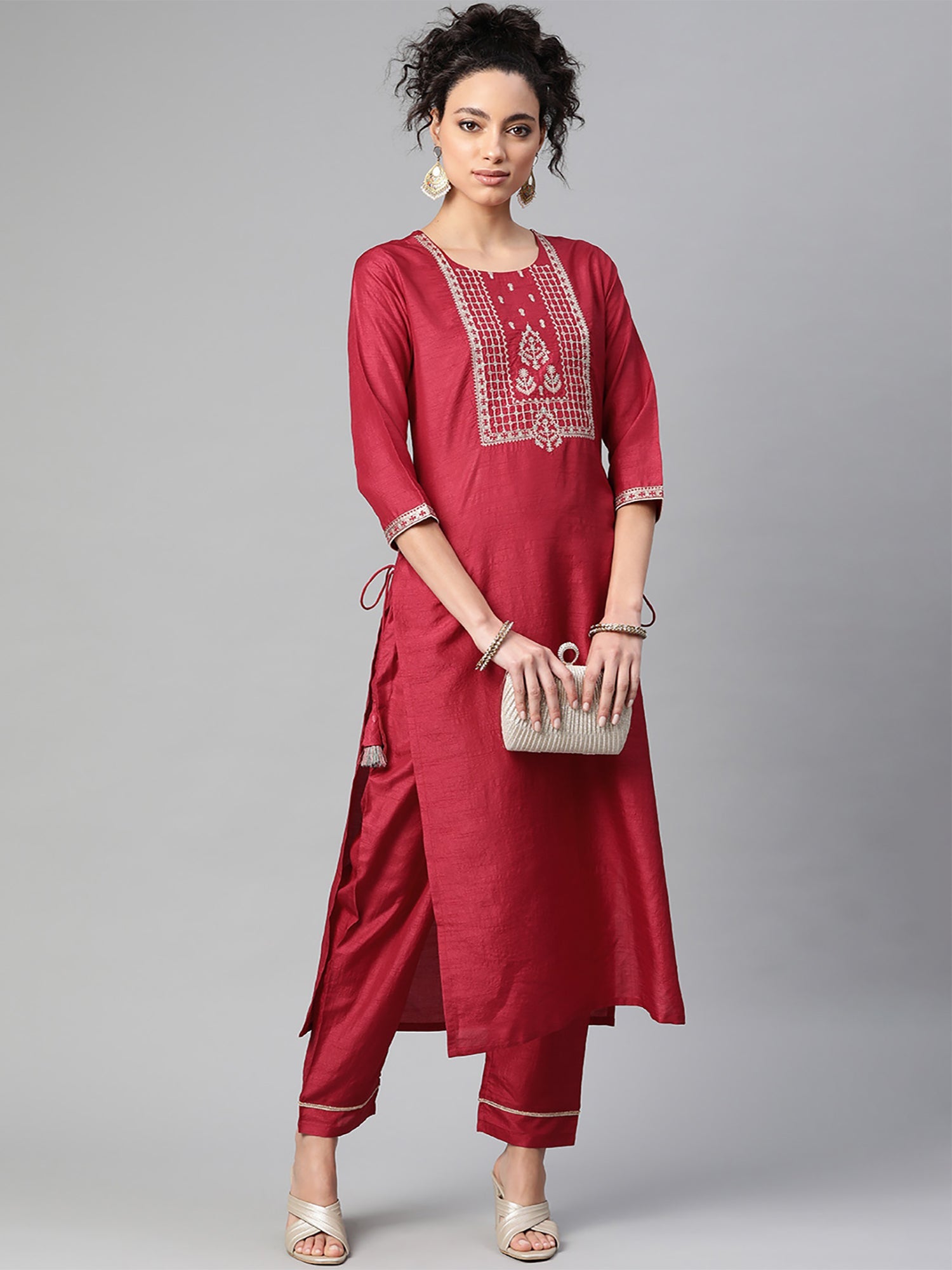 Women's Maroon Polyester Kurta Set - Taantav