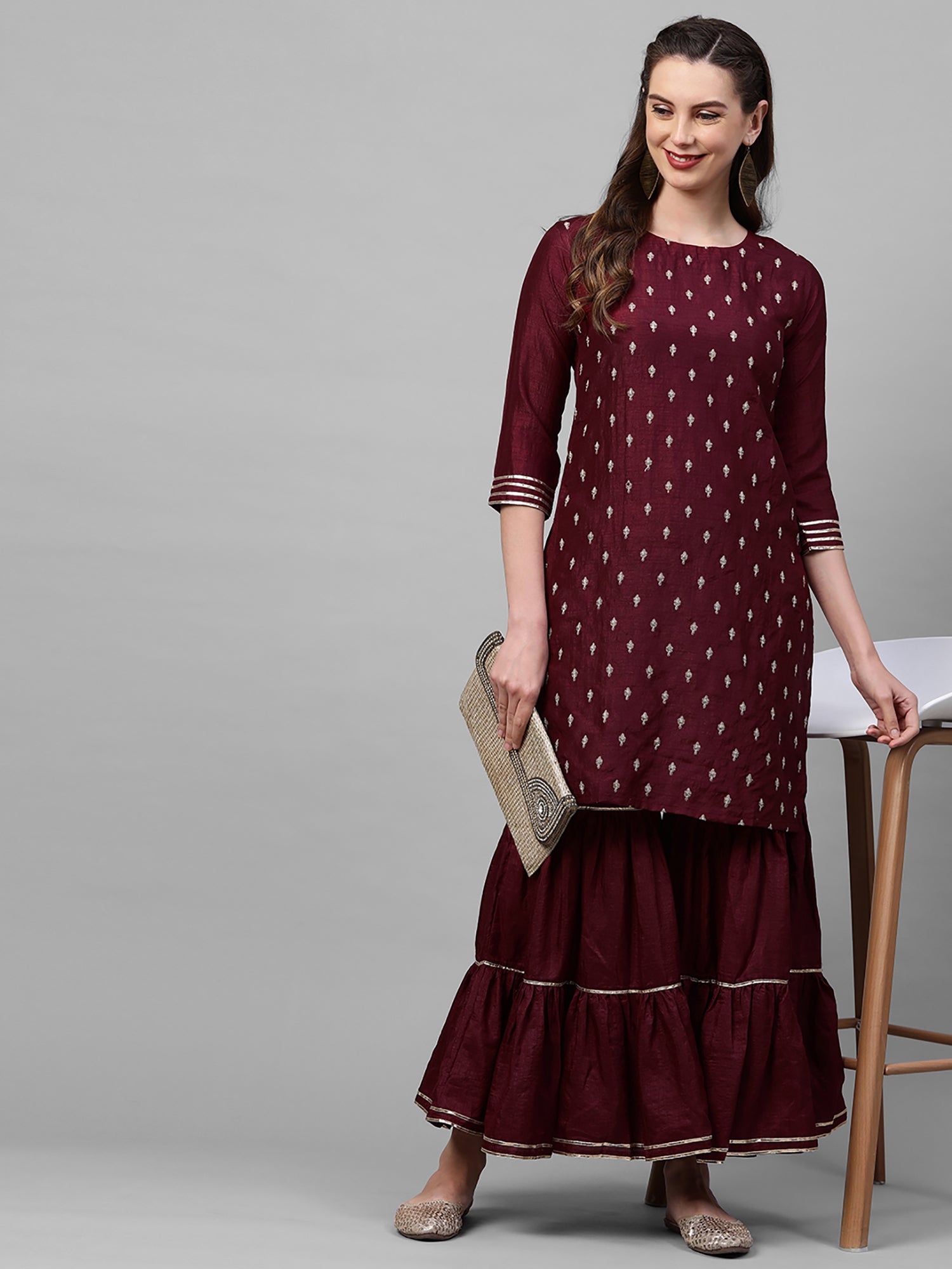 Women's Maroon Polyester Kurta Set - Taantav