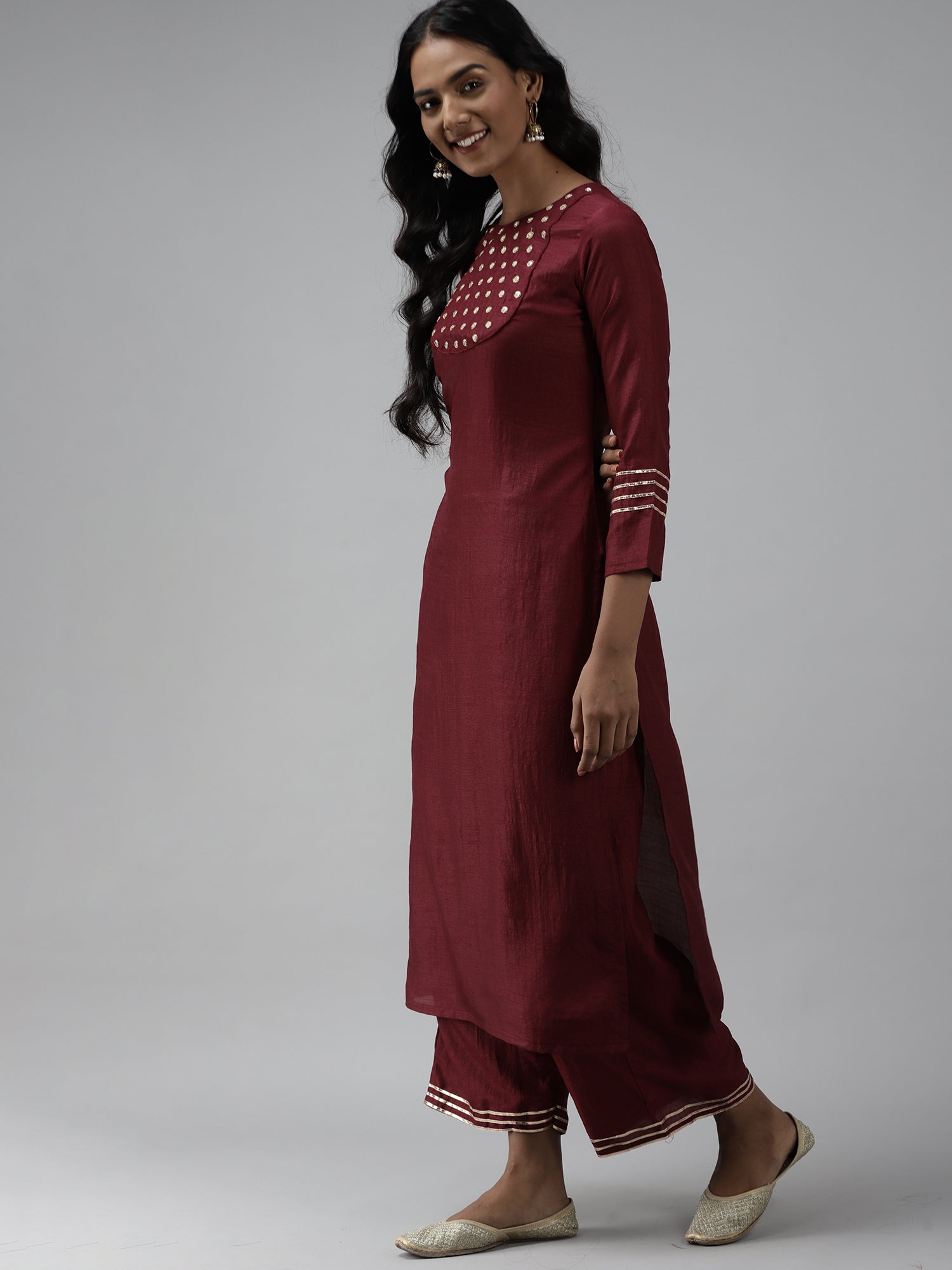 Women's Maroon Polyester Kurta Set - Taantav