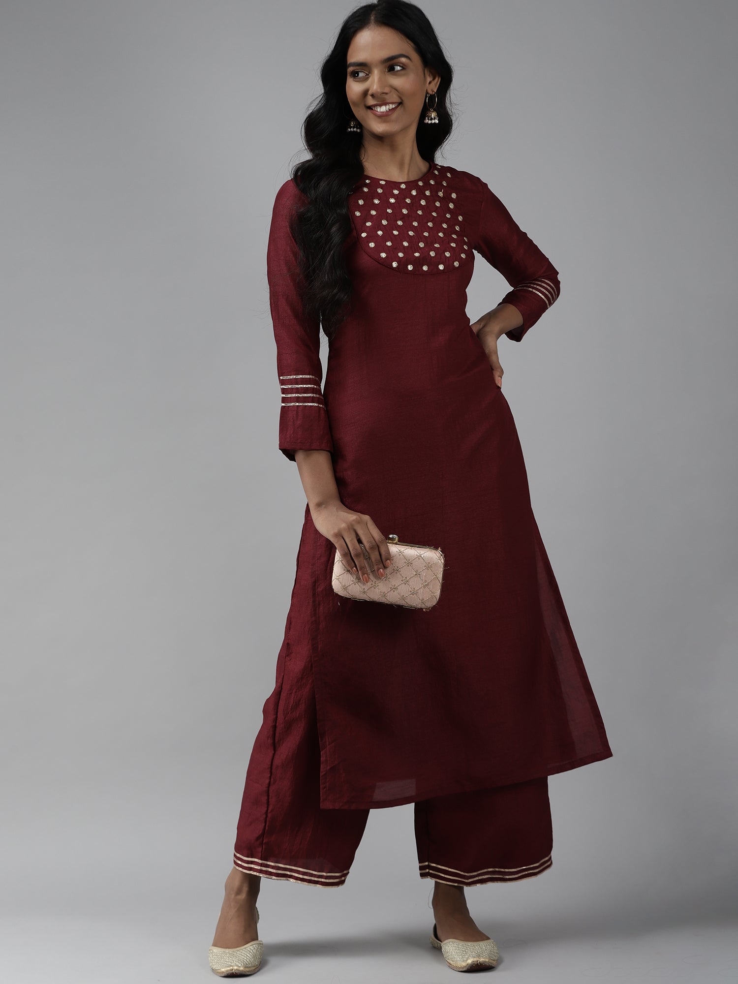 Women's Maroon Polyester Kurta Set - Taantav