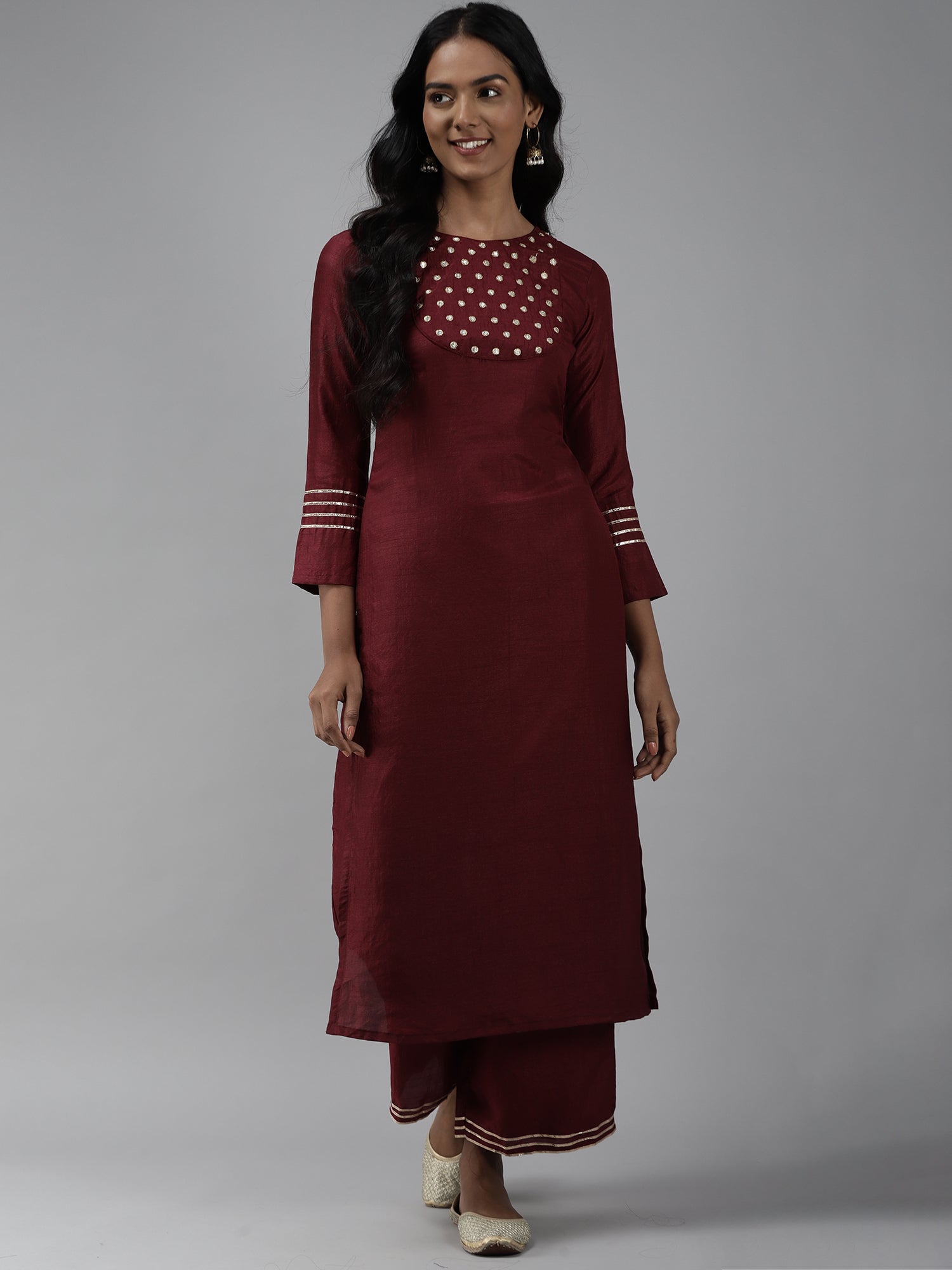 Women's Maroon Polyester Kurta Set - Taantav