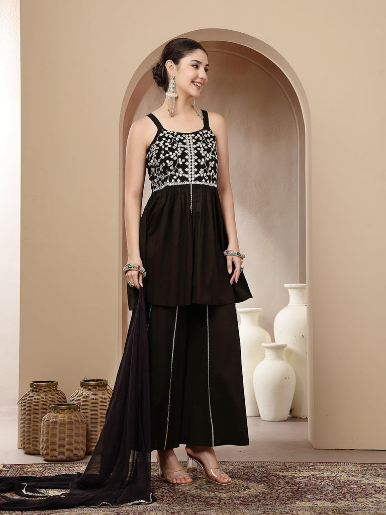 Women's Black Solid & Embroidered Rayon Short Kurti Sharara Dupatta Set