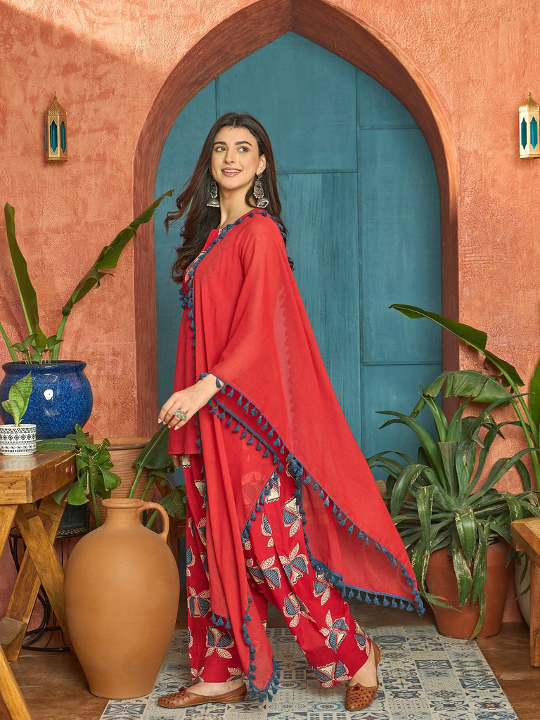 Women's Red Solid Cotton Straight Kurti Salwar Dupatta Set
