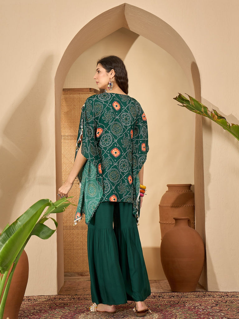 Women's Green Bandhej Printed Crepe Kaftan Sharara Set