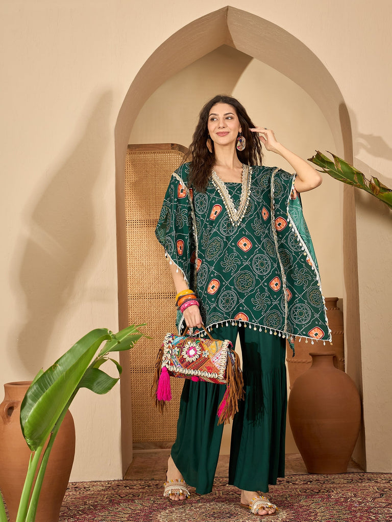 Women's Green Bandhej Printed Crepe Kaftan Sharara Set