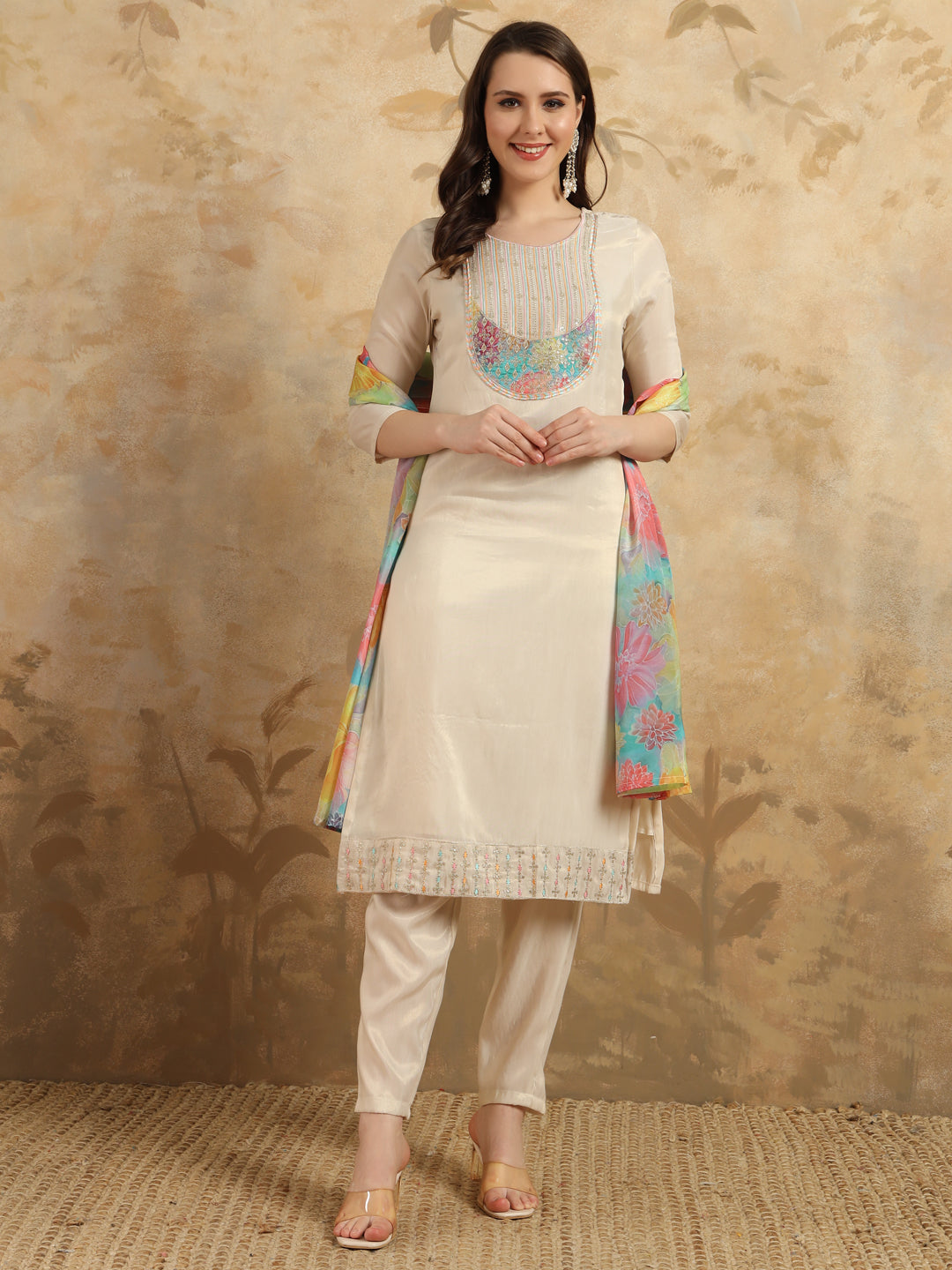 Women's Round Neck Embroidered Work Simar Fabric Kurta & Pant With Dupatta Set - Taantav