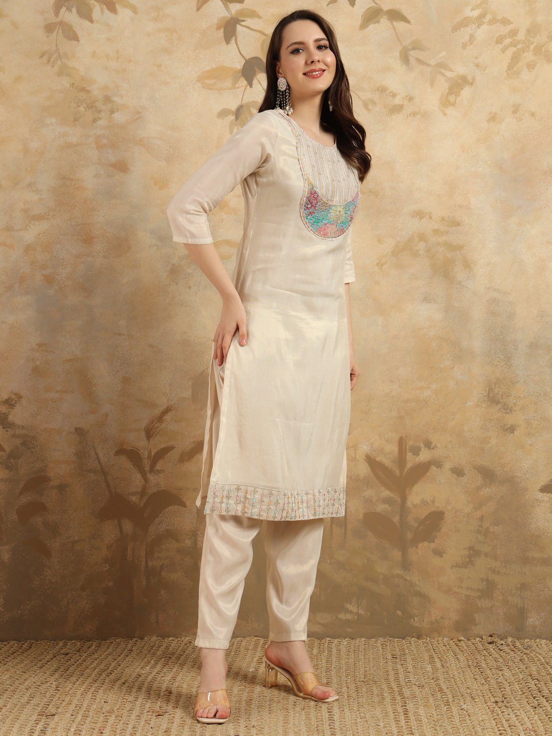 Women's Round Neck Embroidered Work Simar Fabric Kurta & Pant With Dupatta Set - Taantav