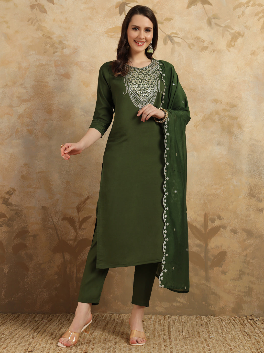 Women's Round Neck Embroidered Work Chanderi Fabric Kurta & Pant With Dupatta Set - Taantav