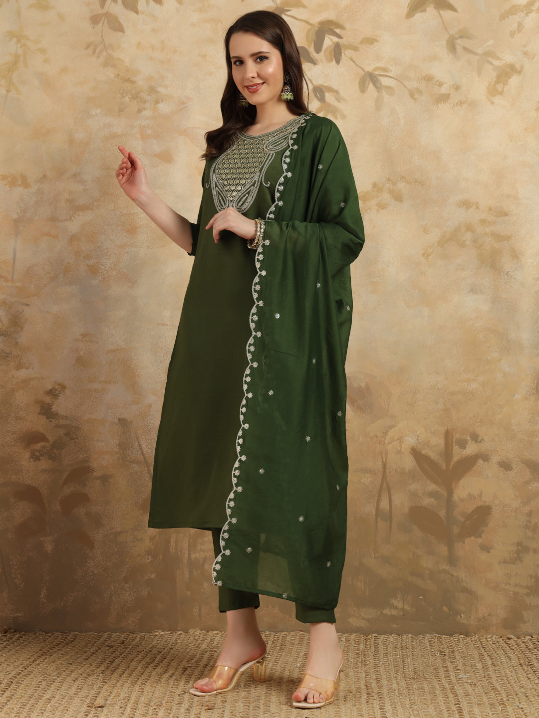 Women's Round Neck Embroidered Work Chanderi Fabric Kurta & Pant With Dupatta Set - Taantav