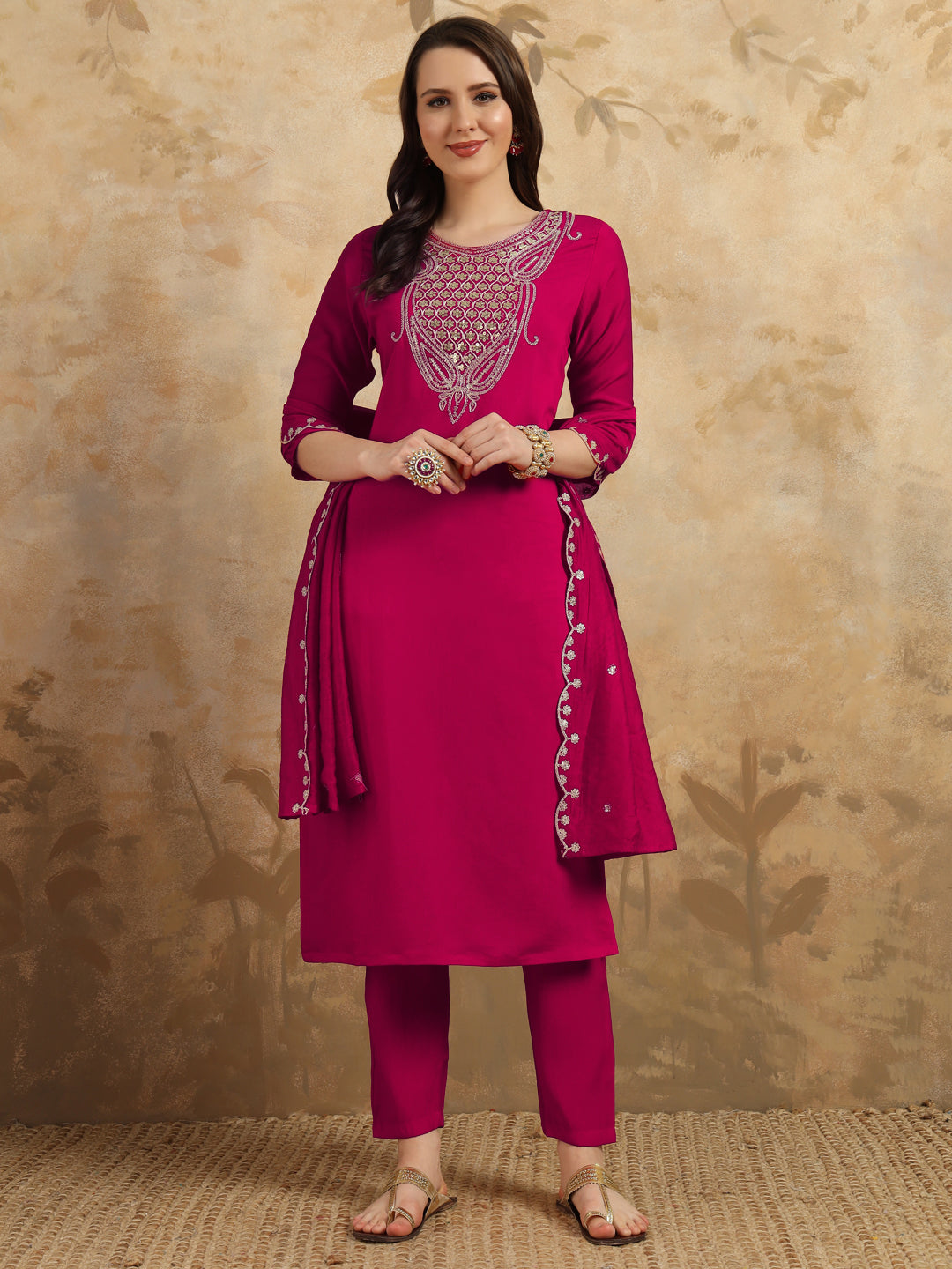 Women's Round Neck Embroidered Work Chanderi Fabric Kurta & Pant With Dupatta Set - Taantav