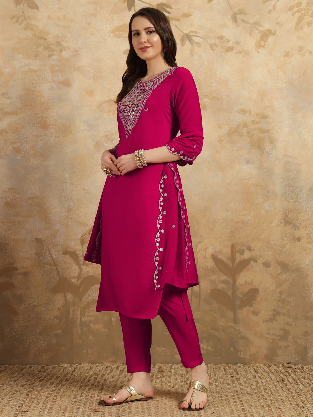 Women's Round Neck Embroidered Work Chanderi Fabric Kurta & Pant With Dupatta Set - Taantav